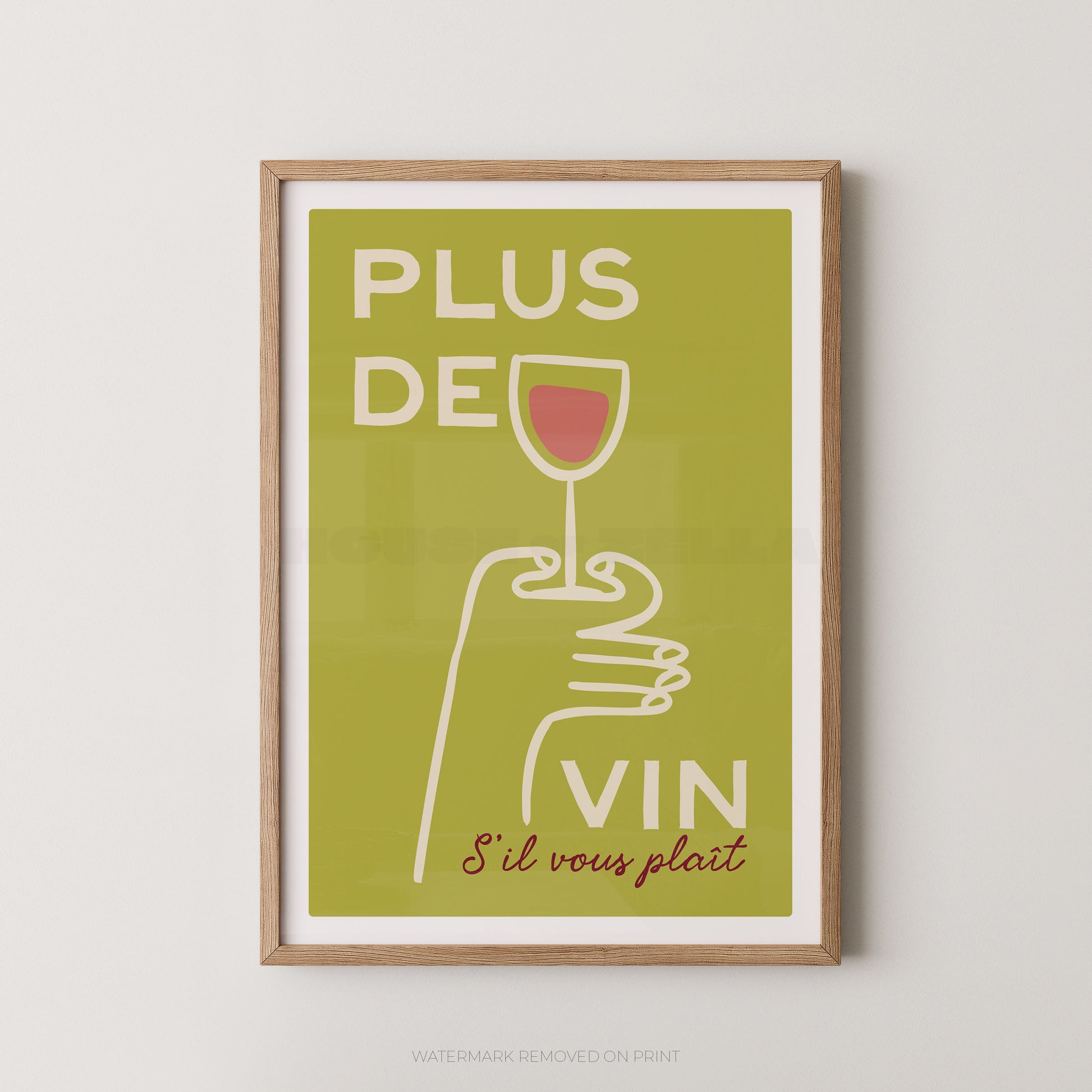 Framed artwork with a hand holding a wine glass and text on a green background