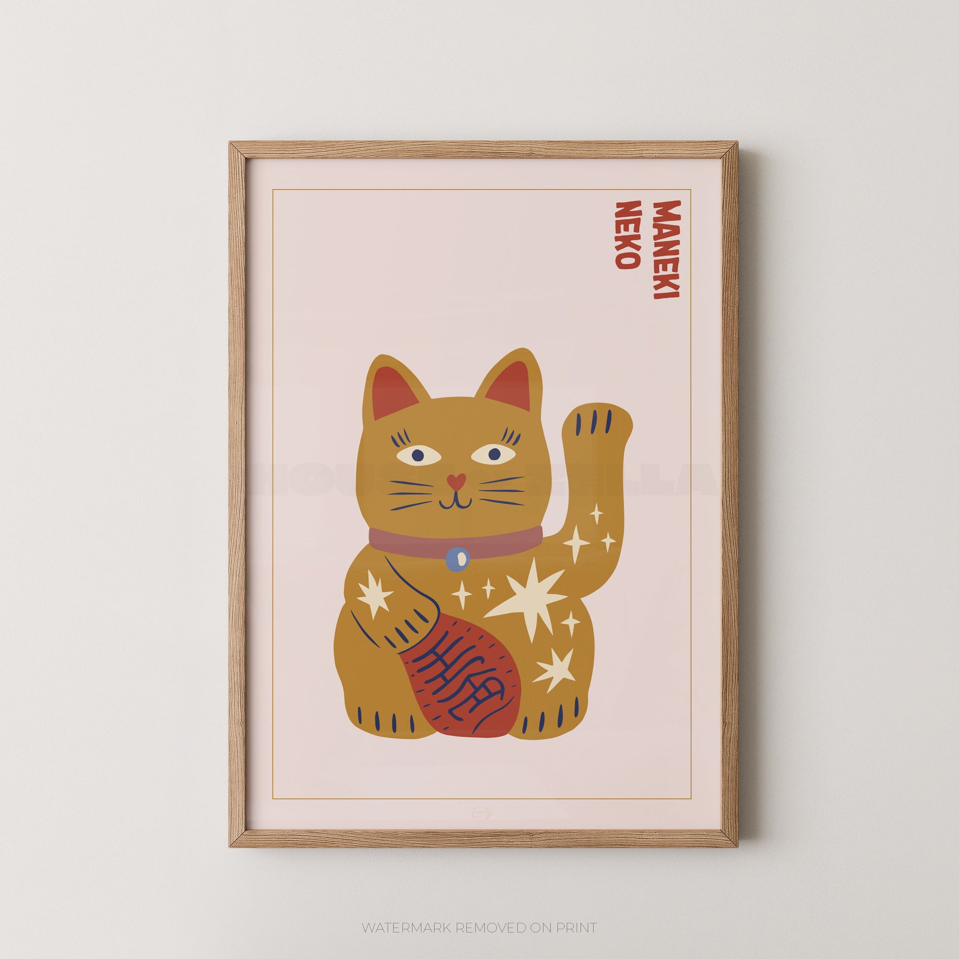 Framed artwork of a Maneki Neko cat on a light background
