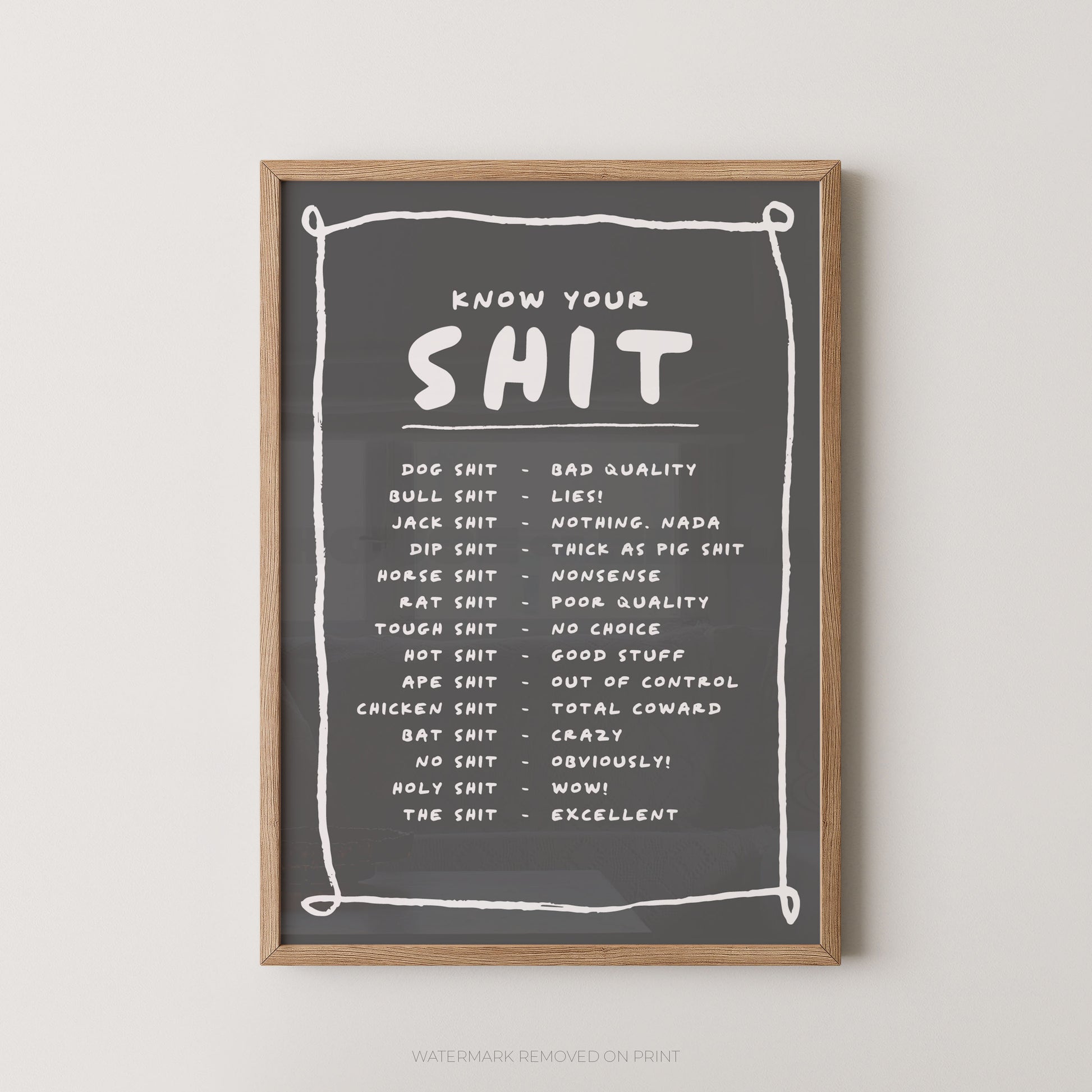 Framed chalkboard with text on a white wall