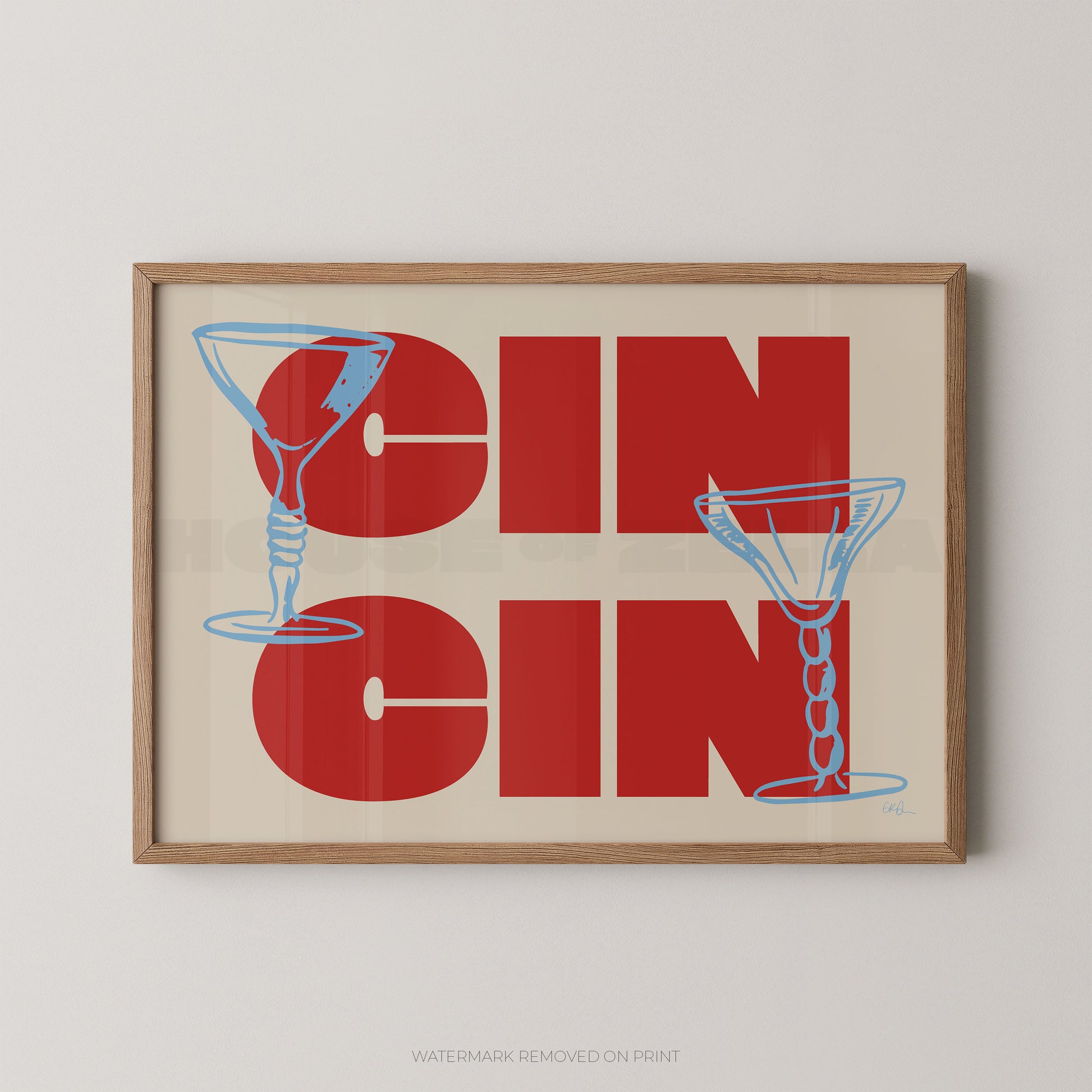 Framed artwork with 'GIN GIN' text and martini glass illustrations on a beige background.