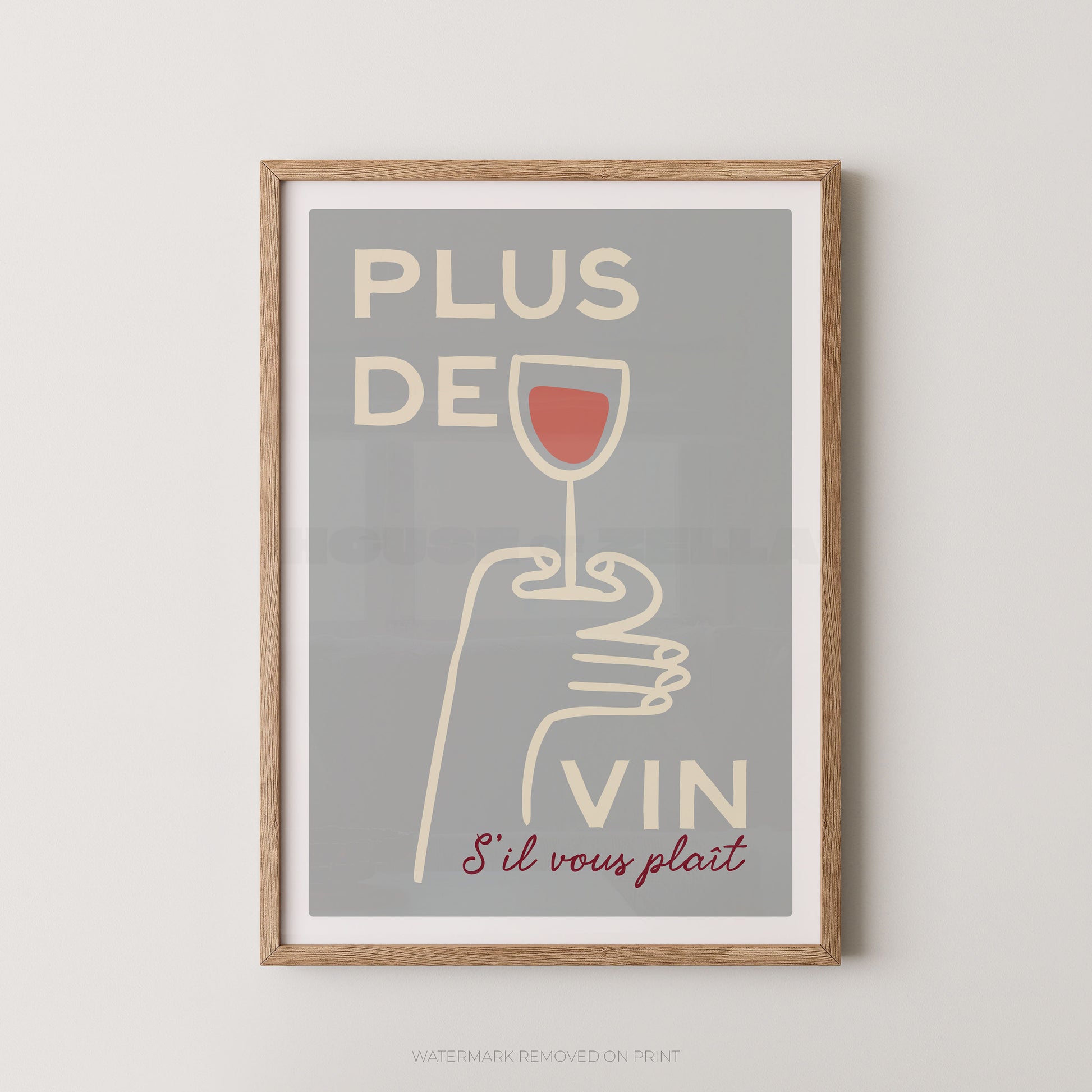 Framed artwork with a hand holding a wine glass and text on a gray background