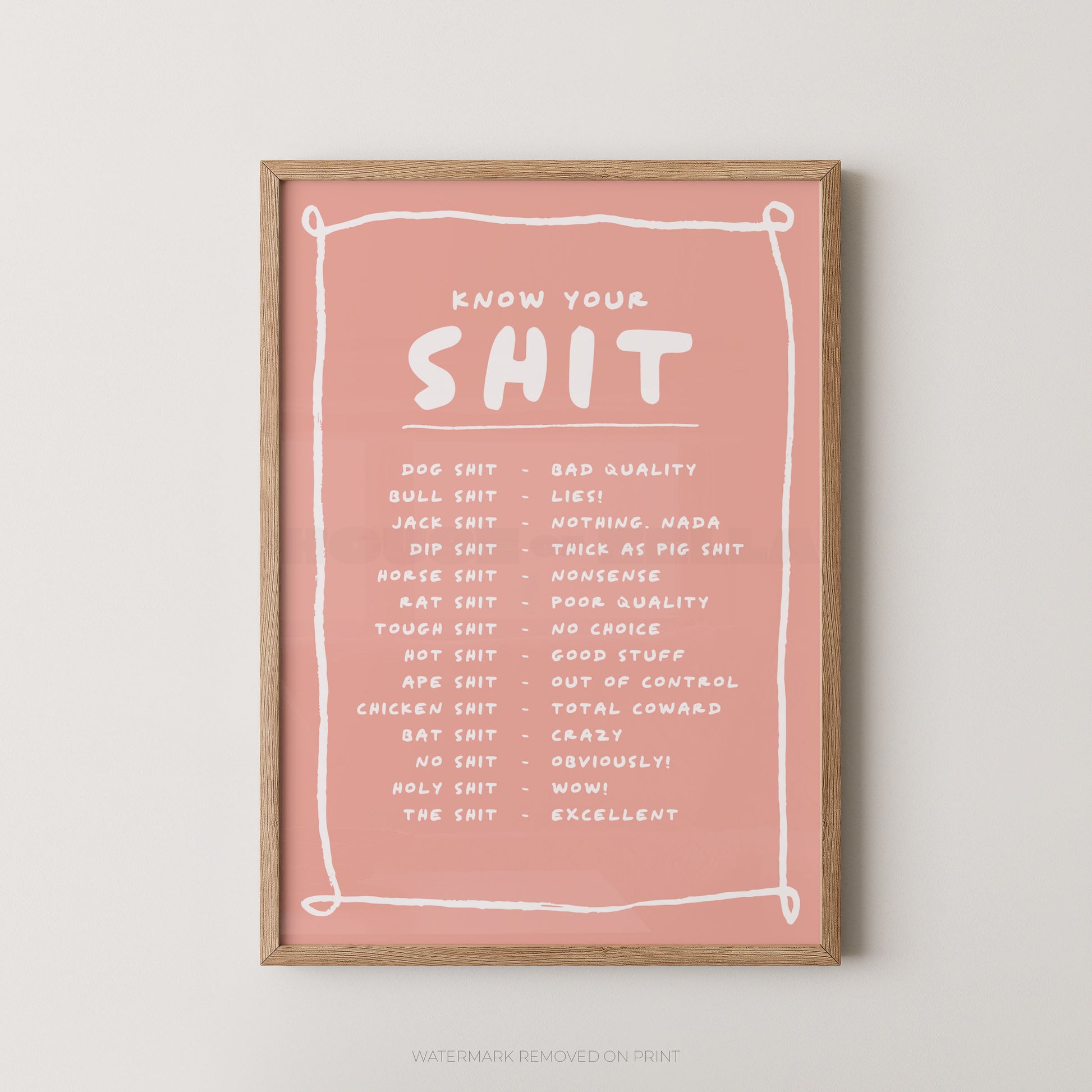 Framed poster with text on a pink background