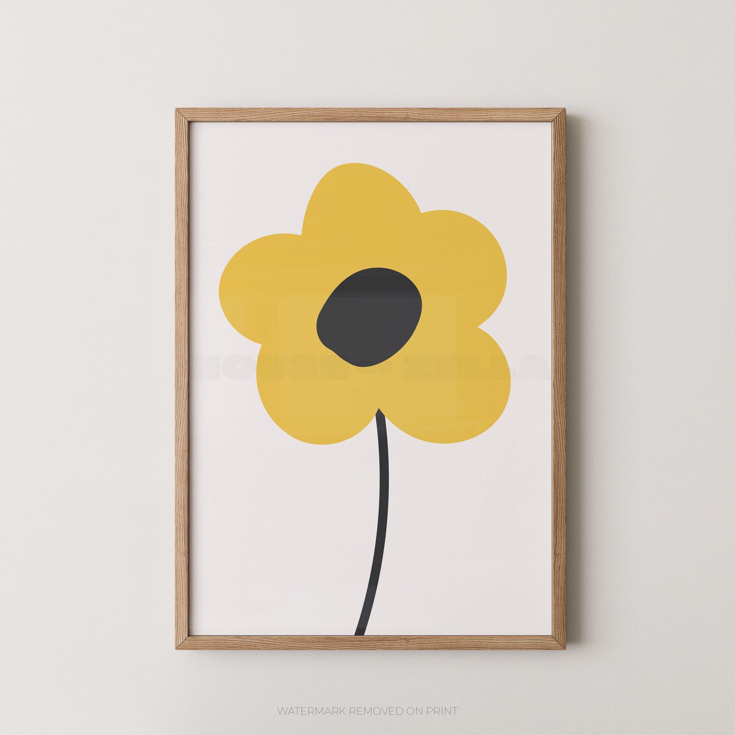 A minimalist framed art print featuring a stylized yellow flower with a dark gray center and a black stem, set in a light natural wood frame against a neutral off-white background.