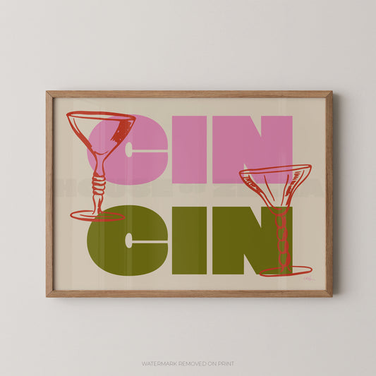 Framed artwork with 'CIN CIN' text and cocktail glass illustrations on a beige background