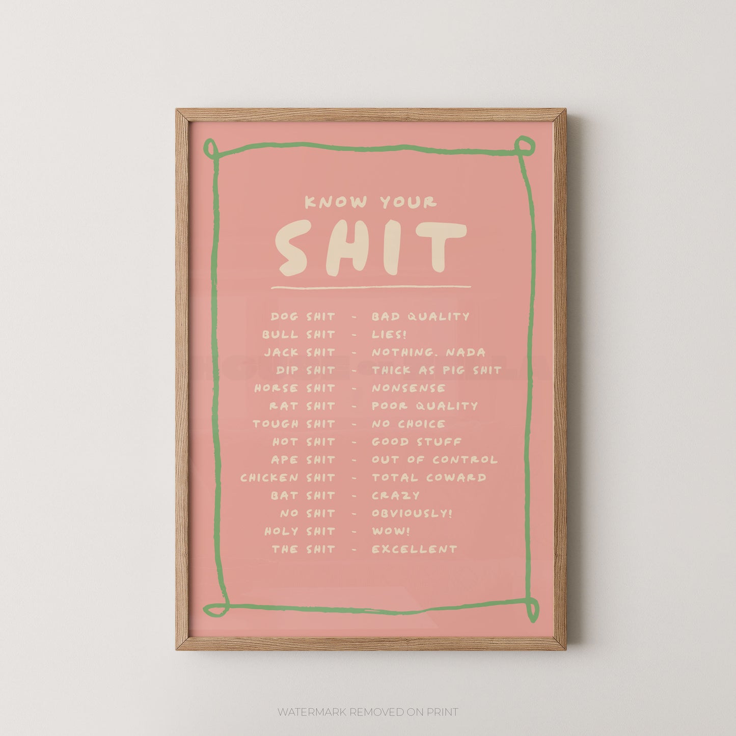 Framed poster with text on a pink background