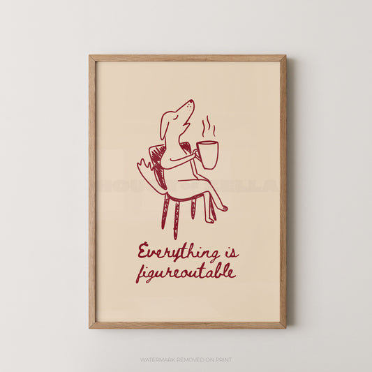 Framed artwork with a red illustration of a dog holding a coffee cup and text on a beige background