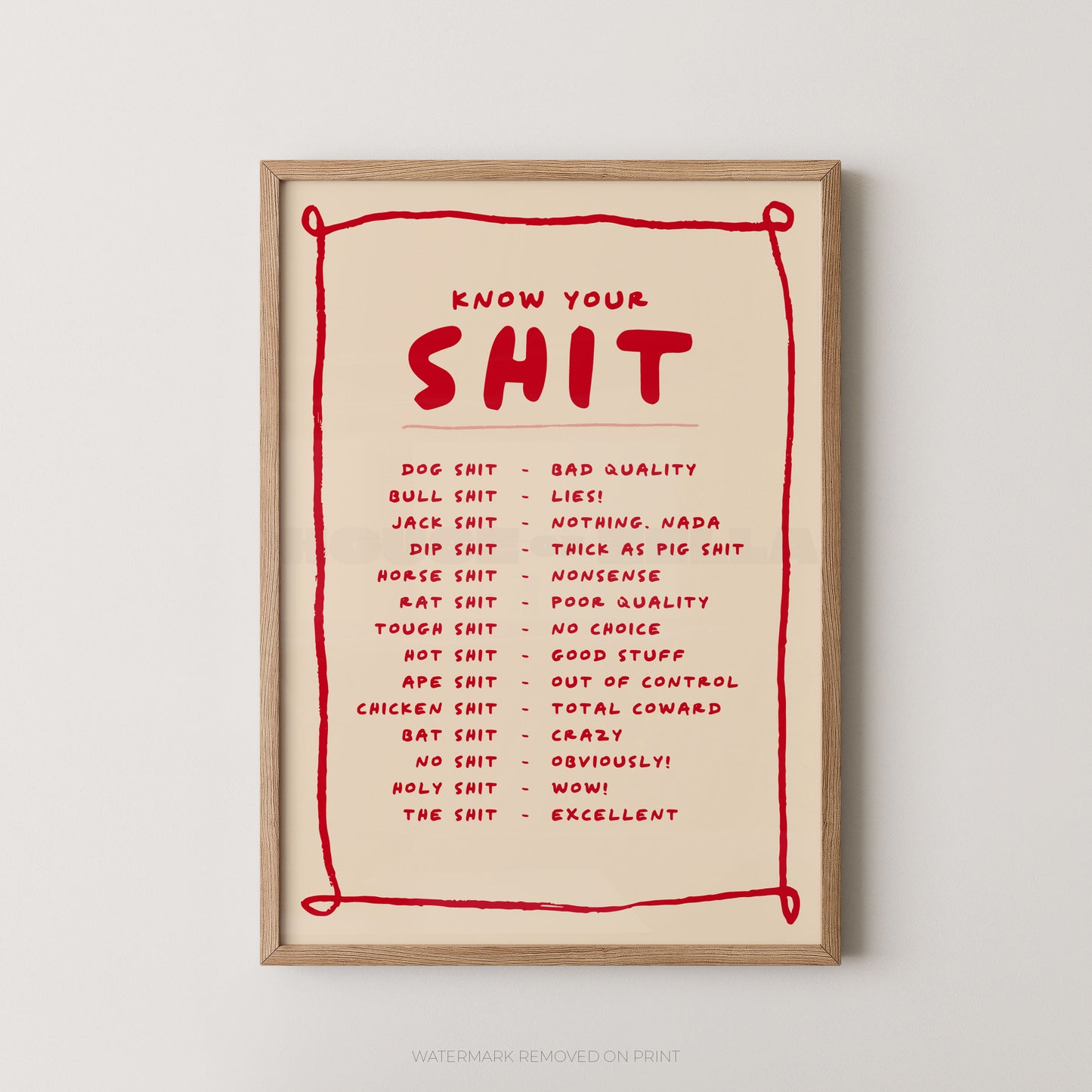Framed poster with red text on a beige background