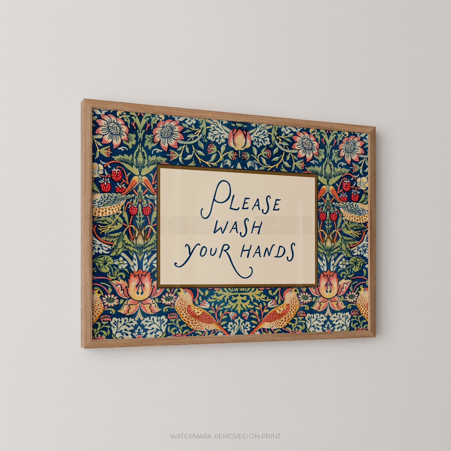 Decorative sign with floral border and 'Please Wash Your Hands' text on a plain background