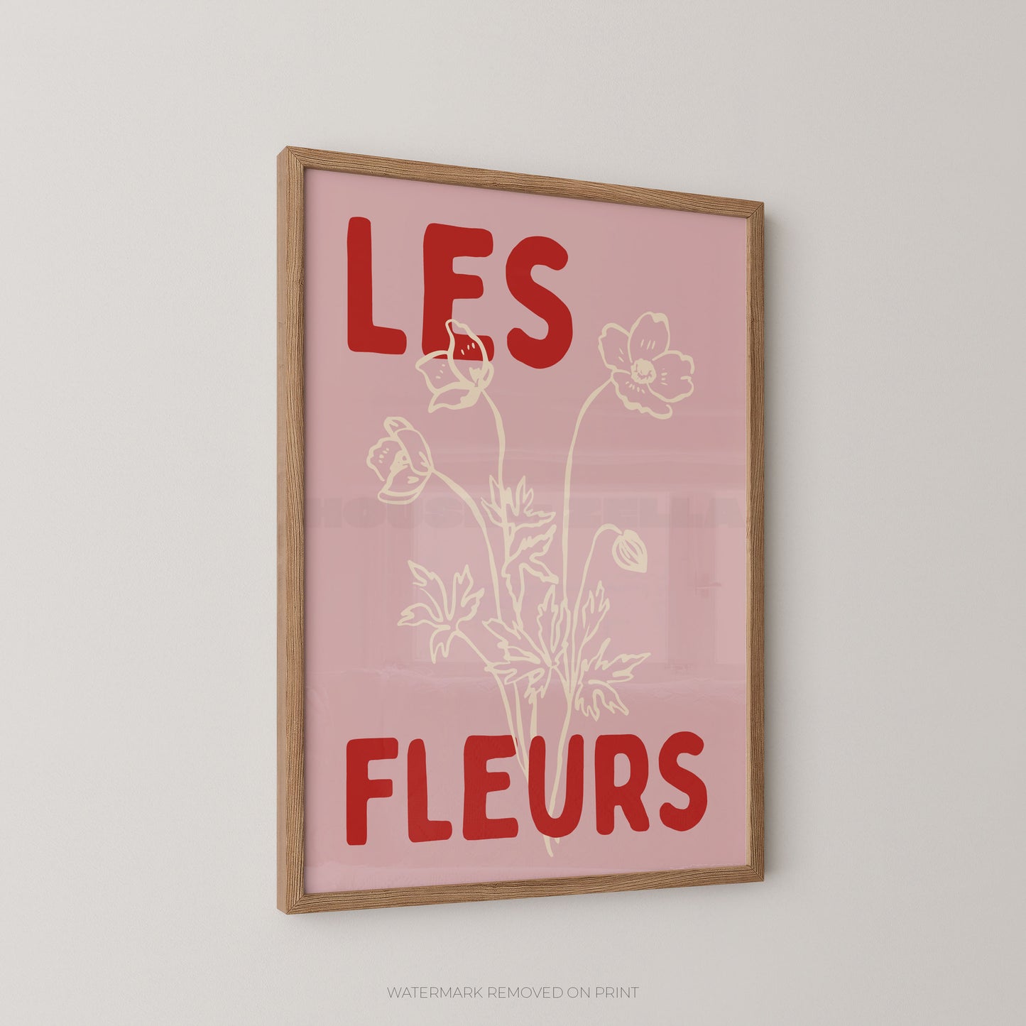 Les Fleurs botanical wall art print, blush pink floral poster with cream botanical illustration and bold red typography.