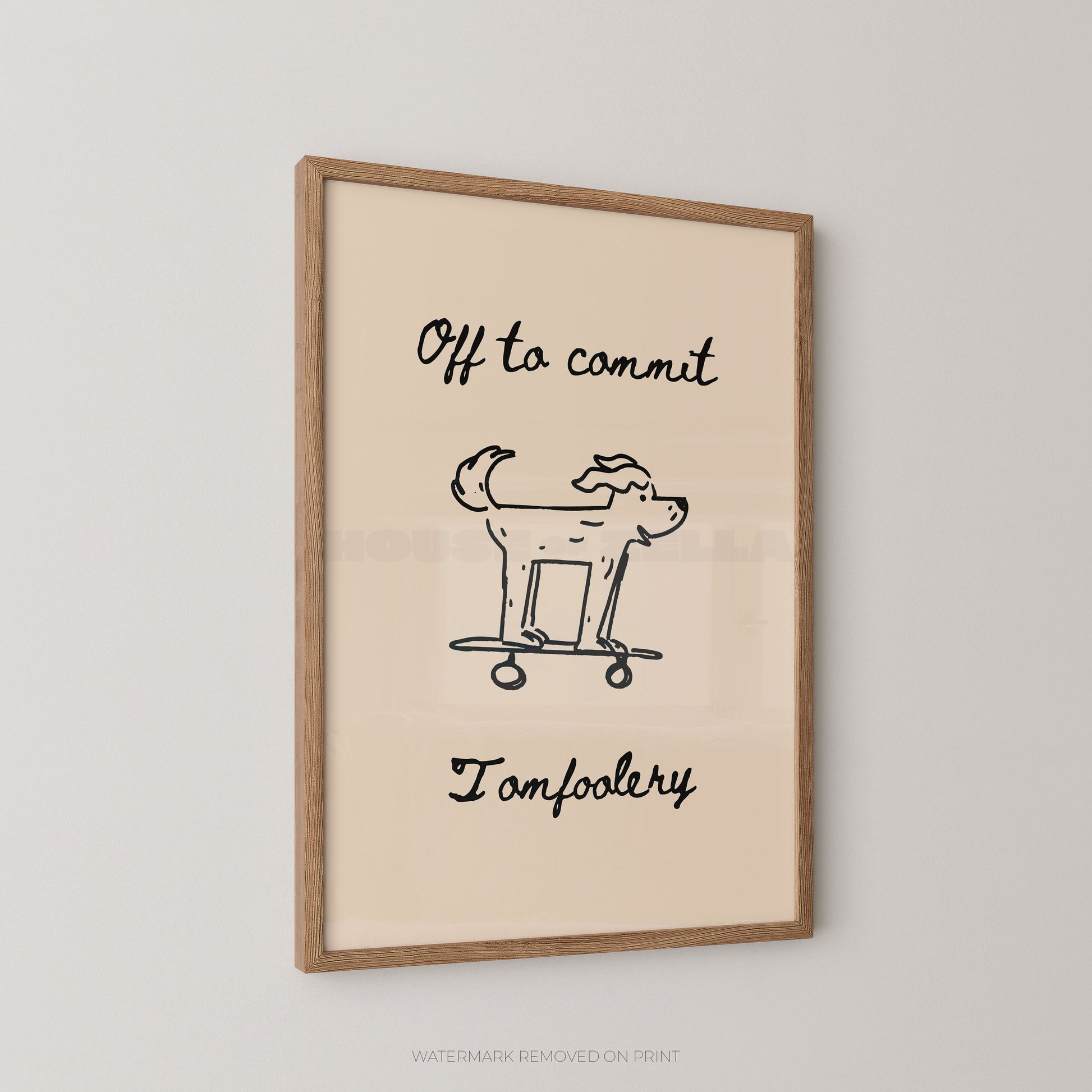 Framed artwork with text and a dog illustration on a beige background