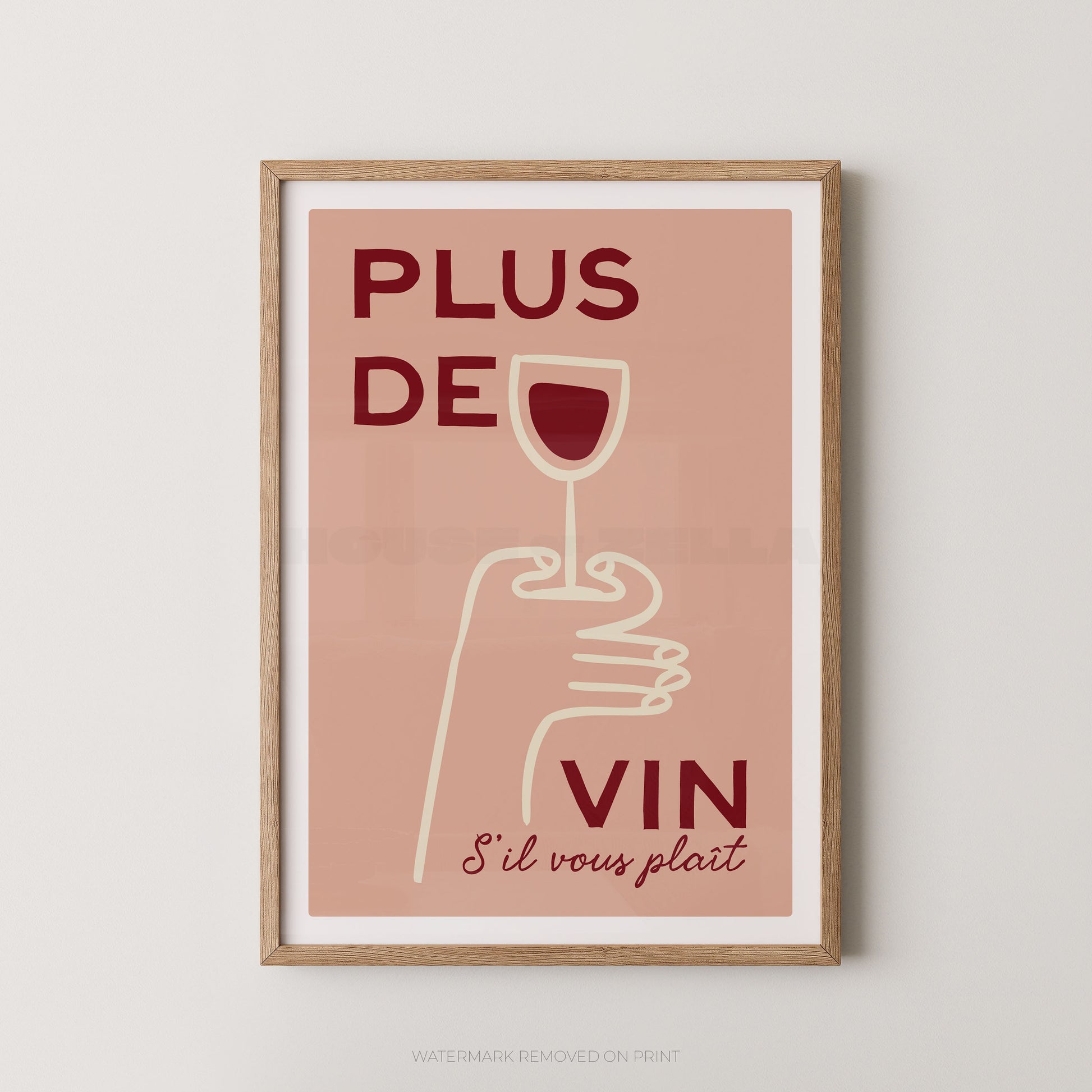 Framed poster with a hand holding a wine glass and text on a beige background