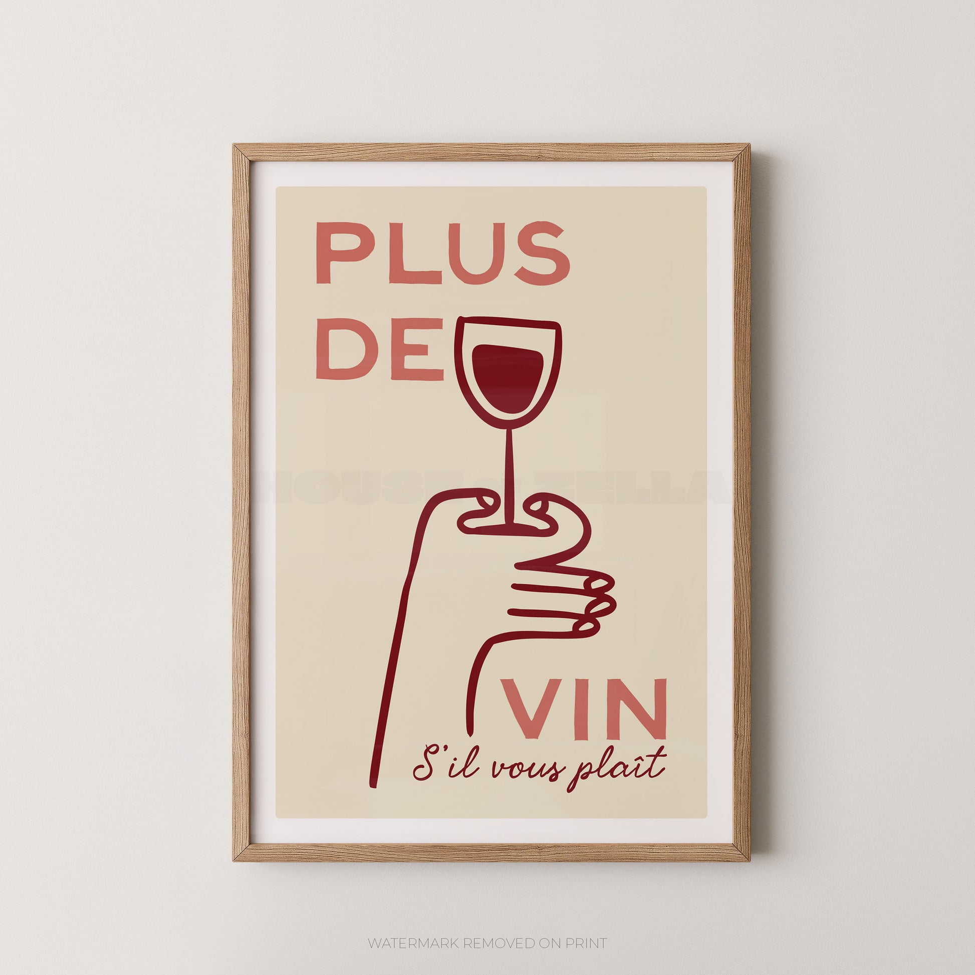 Framed poster with a stylized hand holding a wine glass and text on a beige background