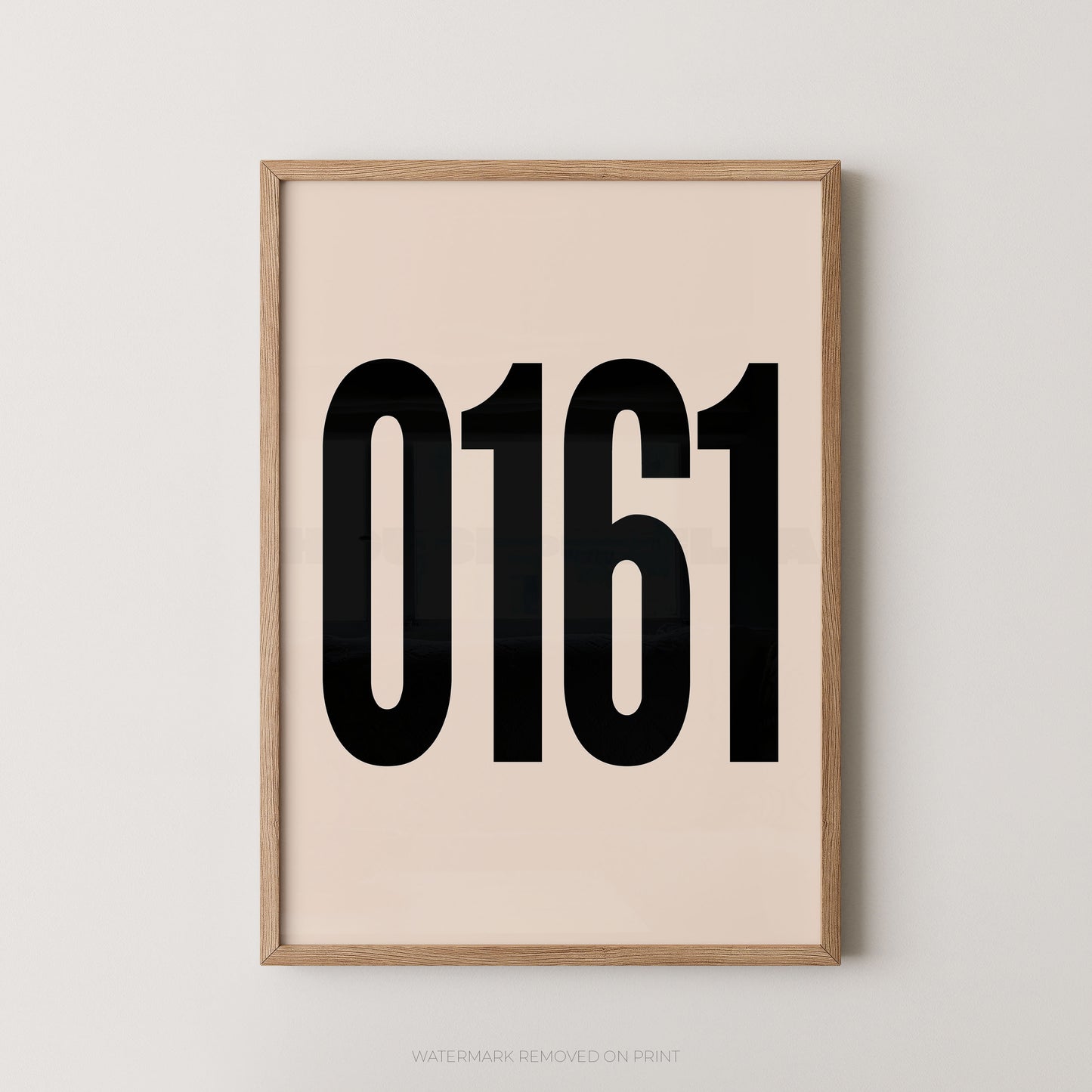 Framed minimalist wall art print with the large black numbers '0161' on a warm cream background, shown in a light natural wood frame against a light gray wall.