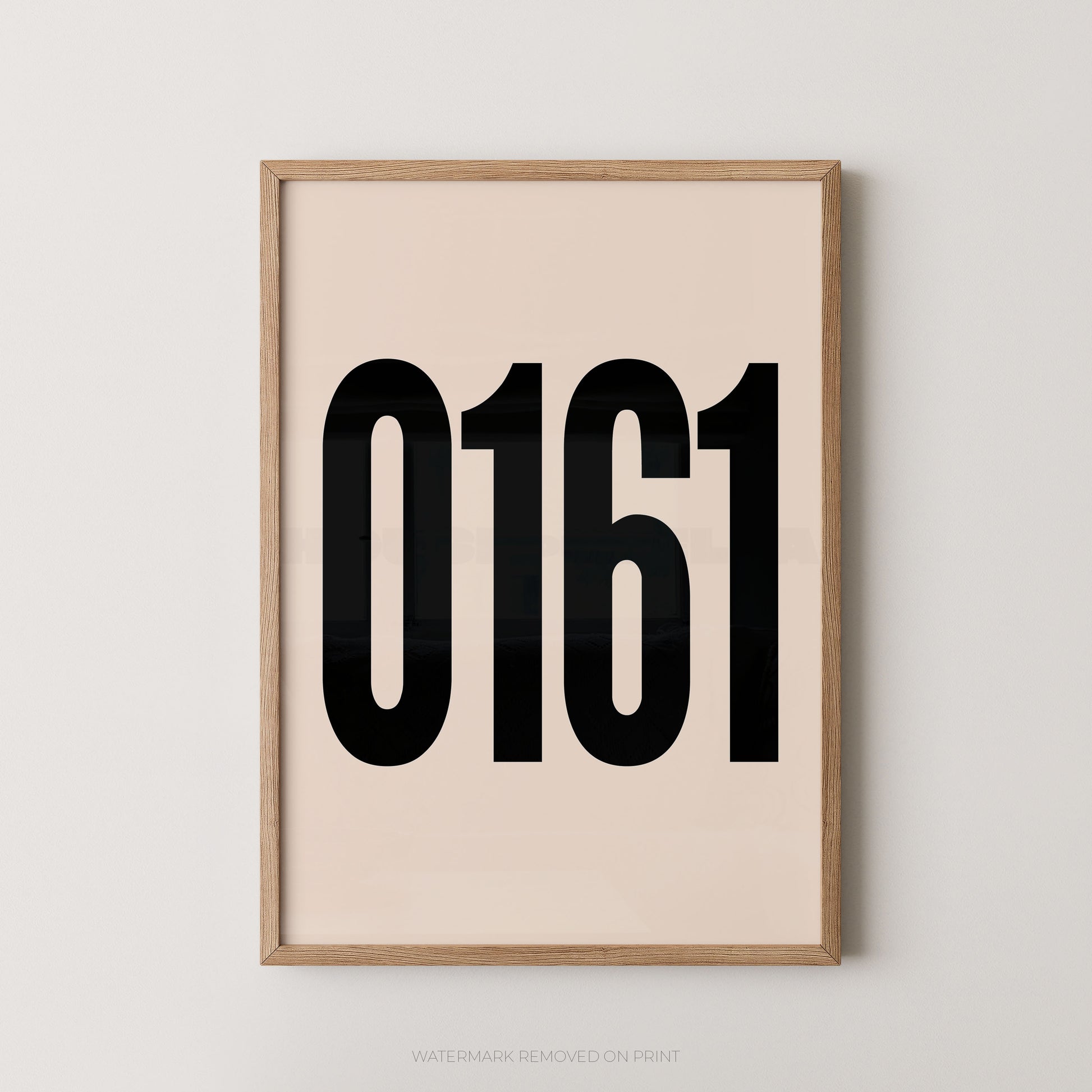 Framed minimalist wall art print with the large black numbers '0161' on a warm cream background, shown in a light natural wood frame against a light gray wall.