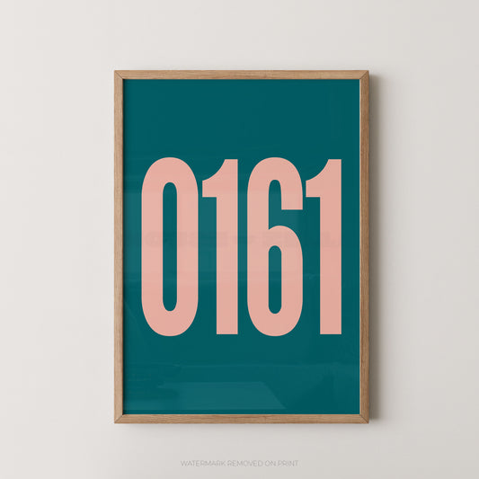 Framed typographic wall art print with the numbers '0161' in large peach-pink font on a teal background, shown in a light wood frame against a light neutral wall.