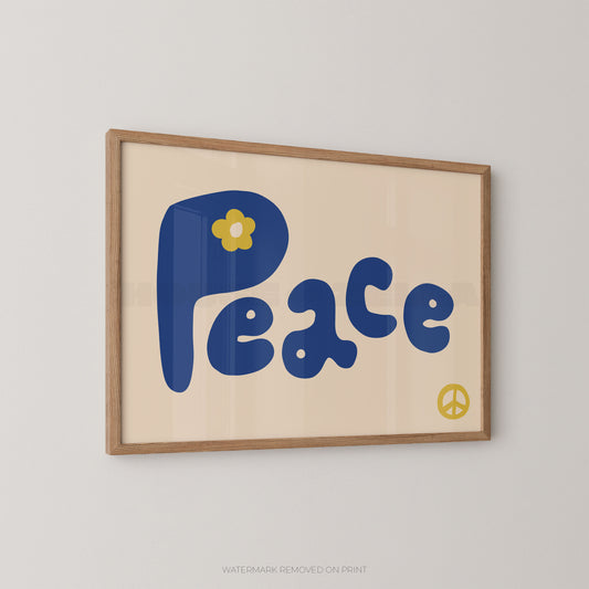 Framed retro-style wall art featuring the word 'Peace' in large blue retro letters on a cream background, with a small yellow flower on the 'P' and a yellow peace sign in the lower right. The print is shown hanging on a light gray wall.