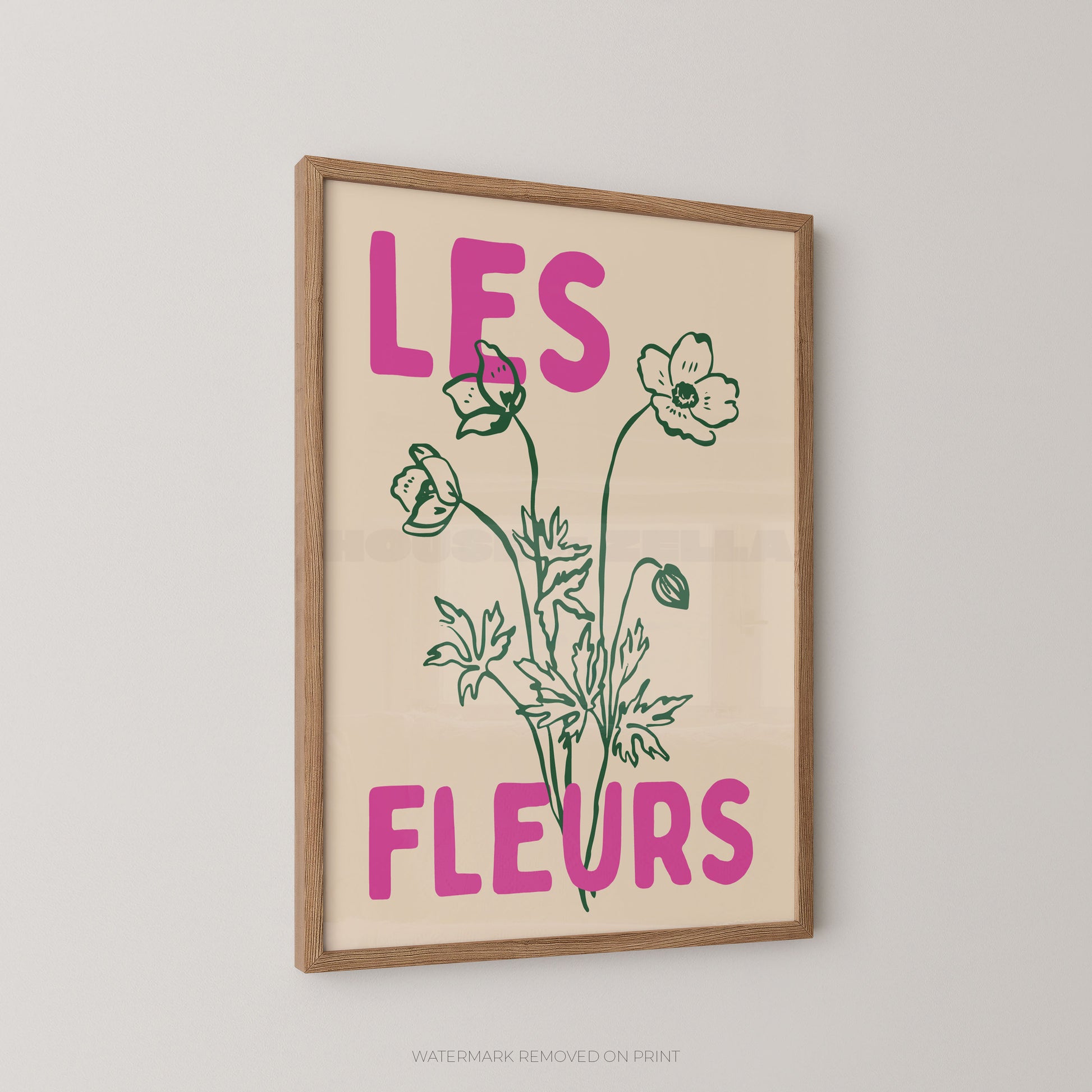 Les Fleurs botanical wall art print, cream floral poster with teal botanical illustration and bold hot pink typography.