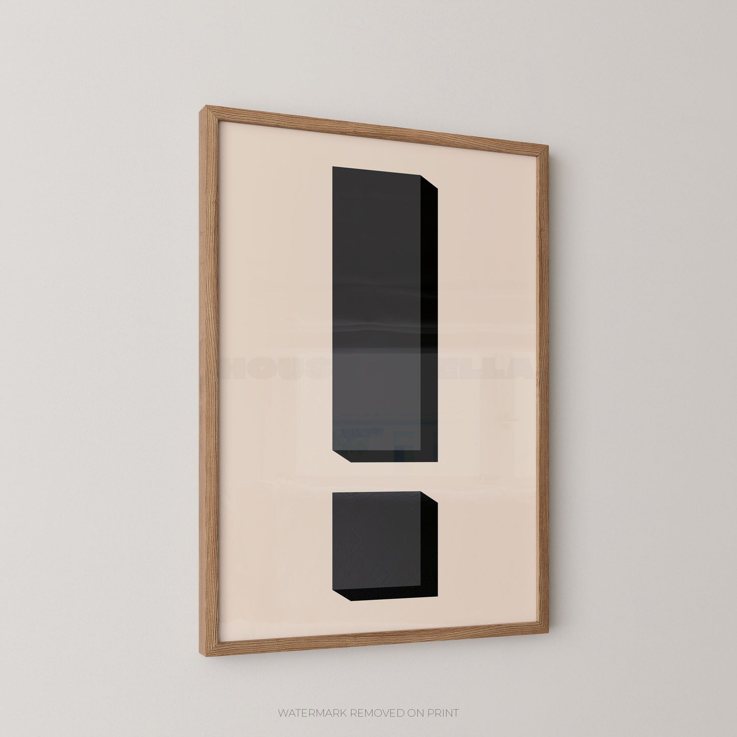 Framed wall art featuring a minimalist black exclamation mark on a warm cream background, enclosed in a light natural wood frame and shown hanging on a light gray wall.
