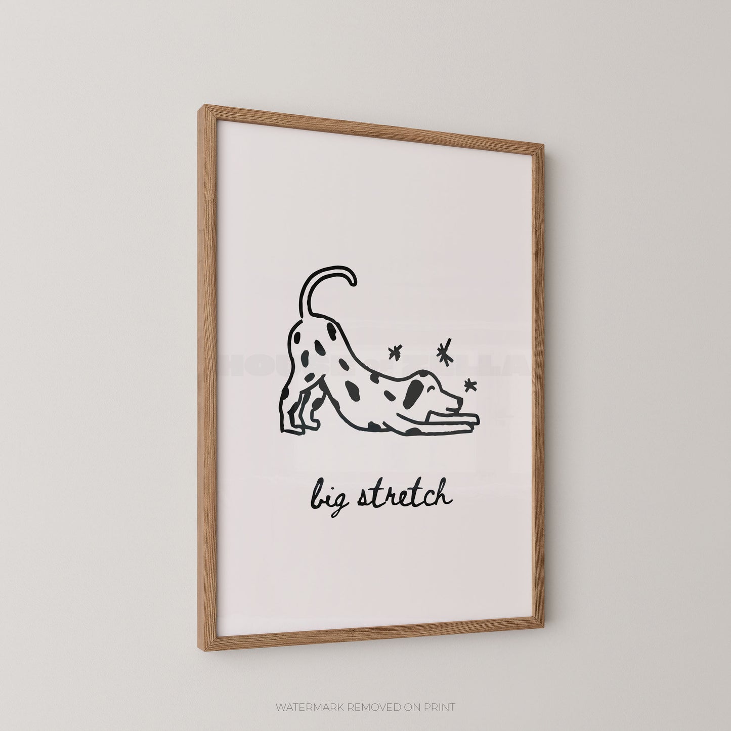Framed artwork of a dalmatian stretching with 'big stretch' text on a white background
