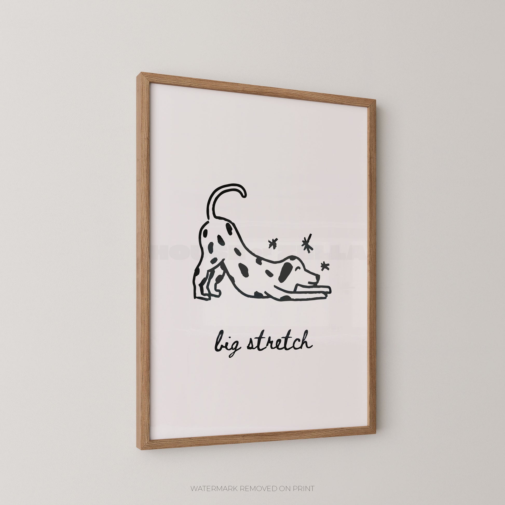 Framed artwork of a dalmatian stretching with 'big stretch' text on a white background
