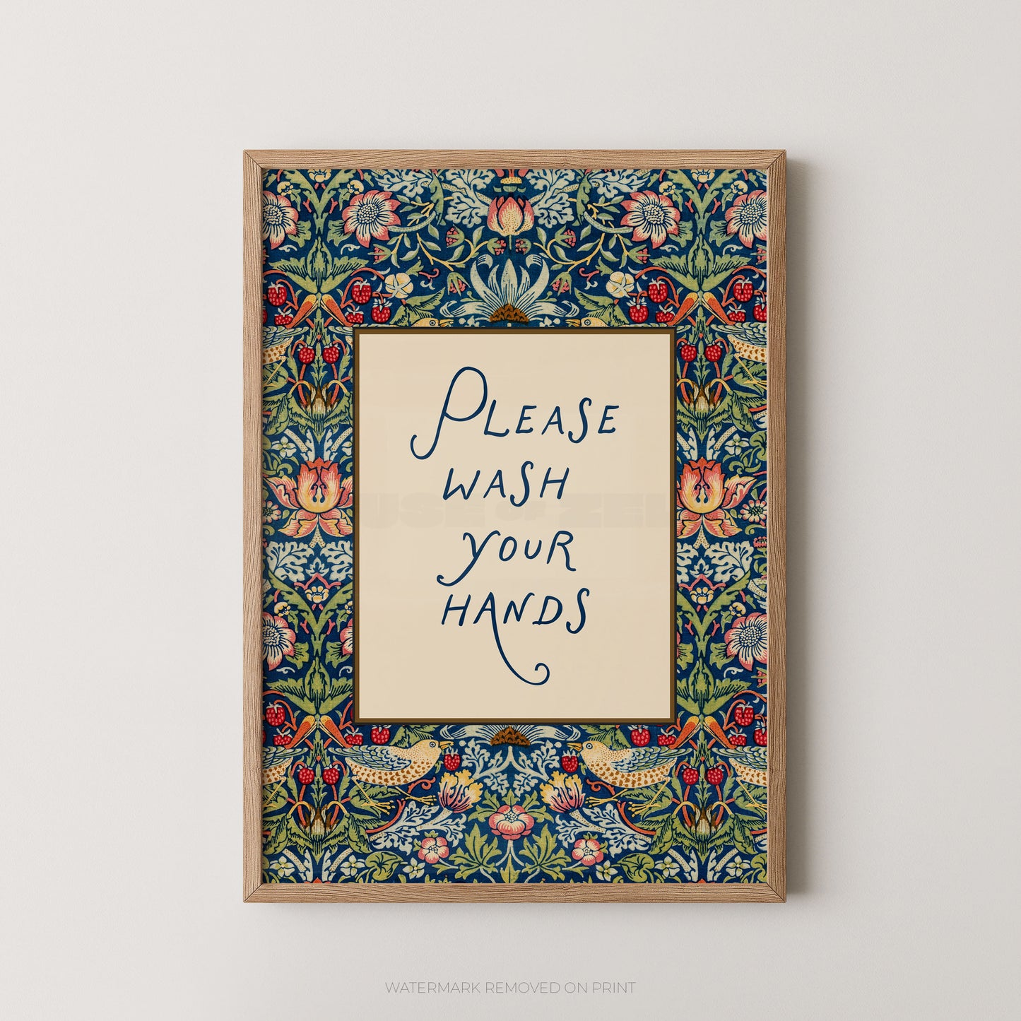 Decorative framed print with floral border and 'Please Wash Your Hands' text on a white background