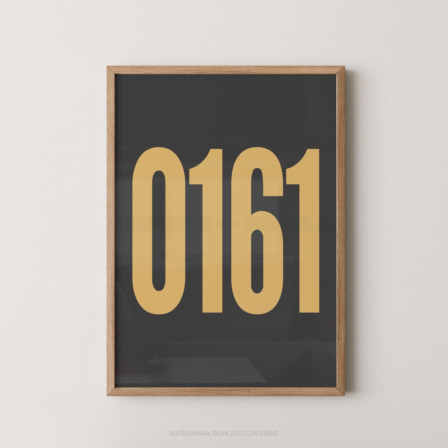 Framed wall art print with the numbers '0161' in large gold font on a dark charcoal background, shown in a light wood frame against a light gray wall.