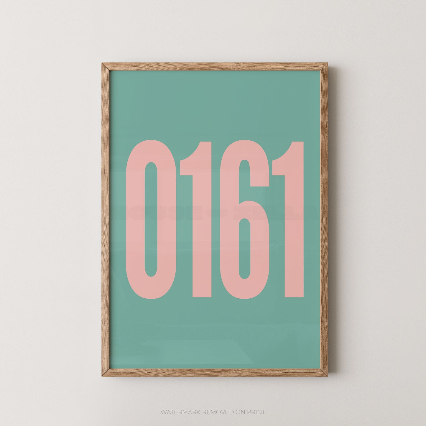 Framed minimalist wall art print with the numbers '0161' in large pink font on a teal background, shown in a light wood frame against a light gray wall.