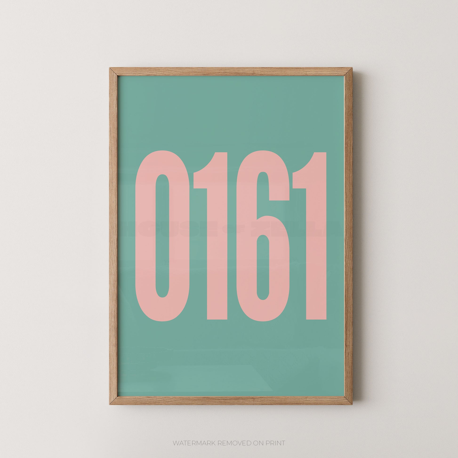 Framed minimalist wall art print with the numbers '0161' in large pink font on a teal background, shown in a light wood frame against a light gray wall.