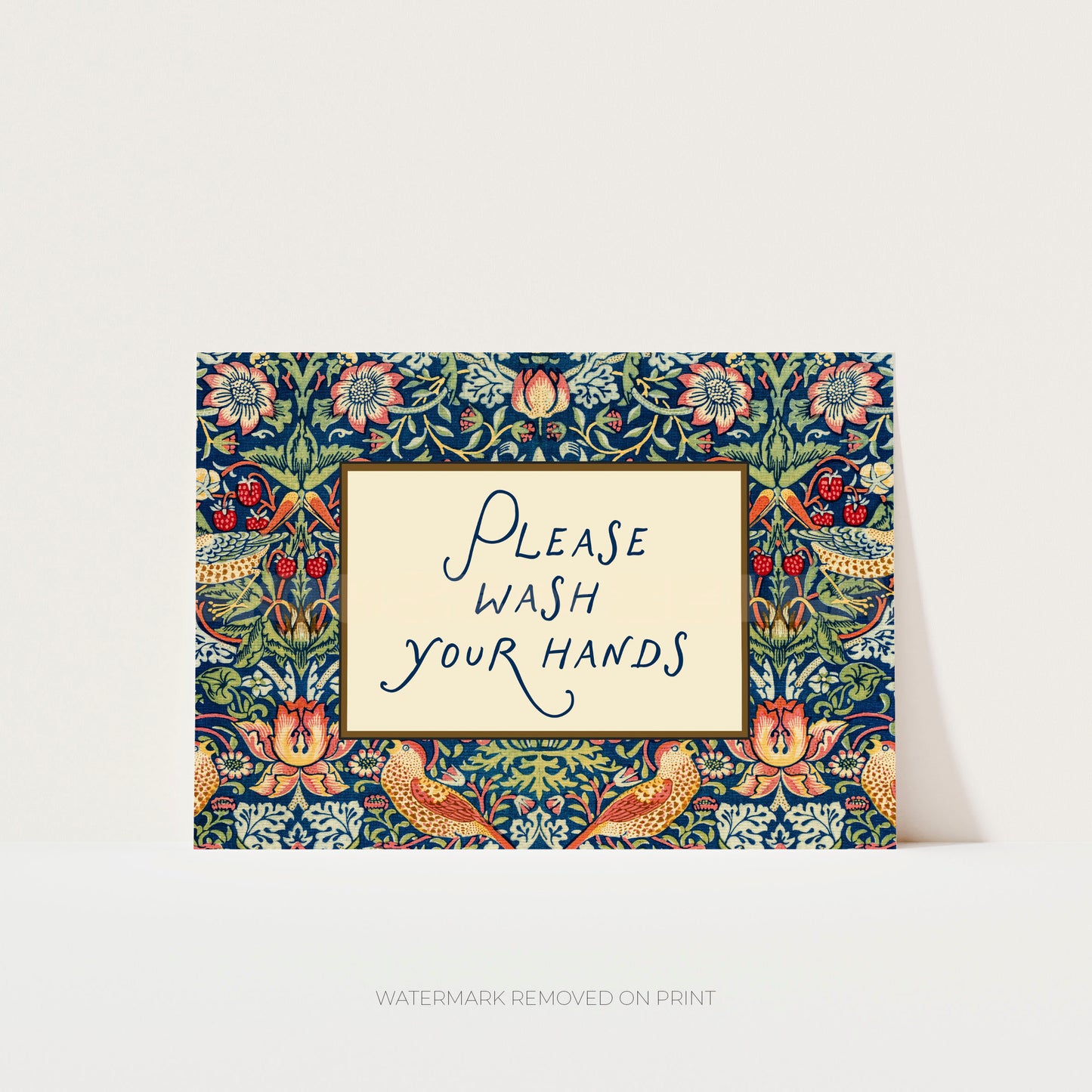 Decorative sign with floral pattern and 'Please wash your hands' text on a white background