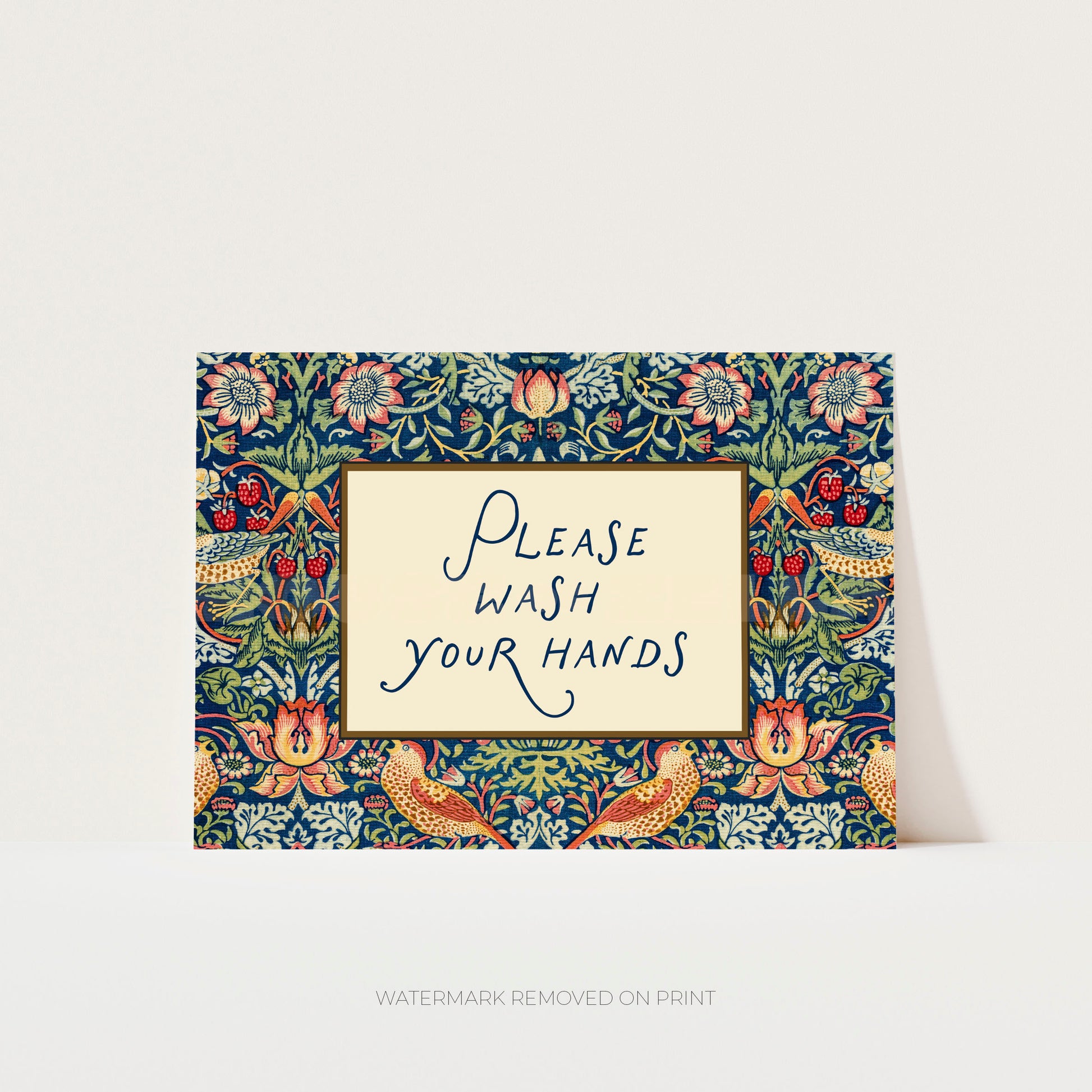 Decorative sign with floral pattern and 'Please wash your hands' text on a white background