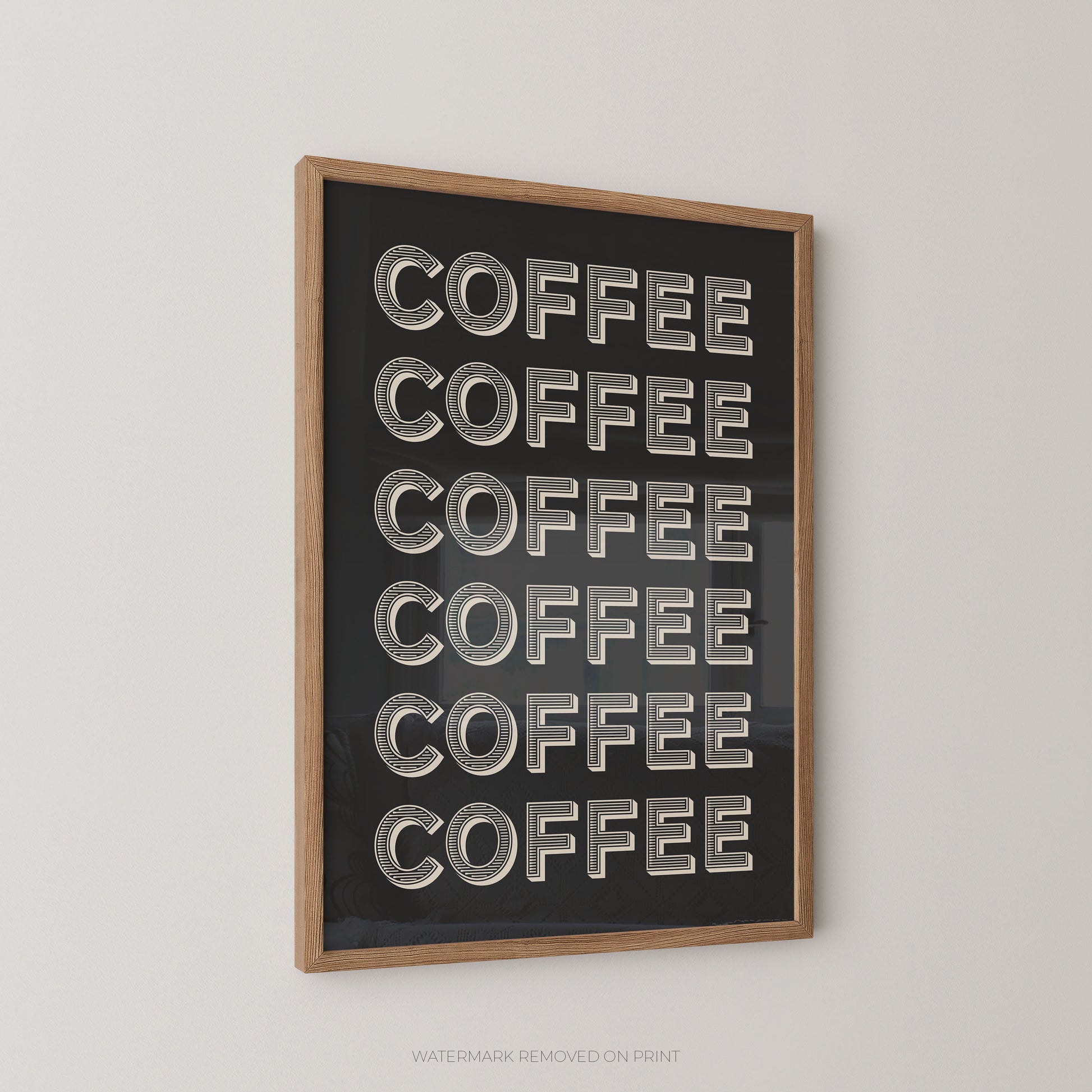 Framed wall art featuring the word 'COFFEE' repeated seven times in large metallic silver letters on a black background, enclosed in a light wood frame and shown hanging on a light gray wall.