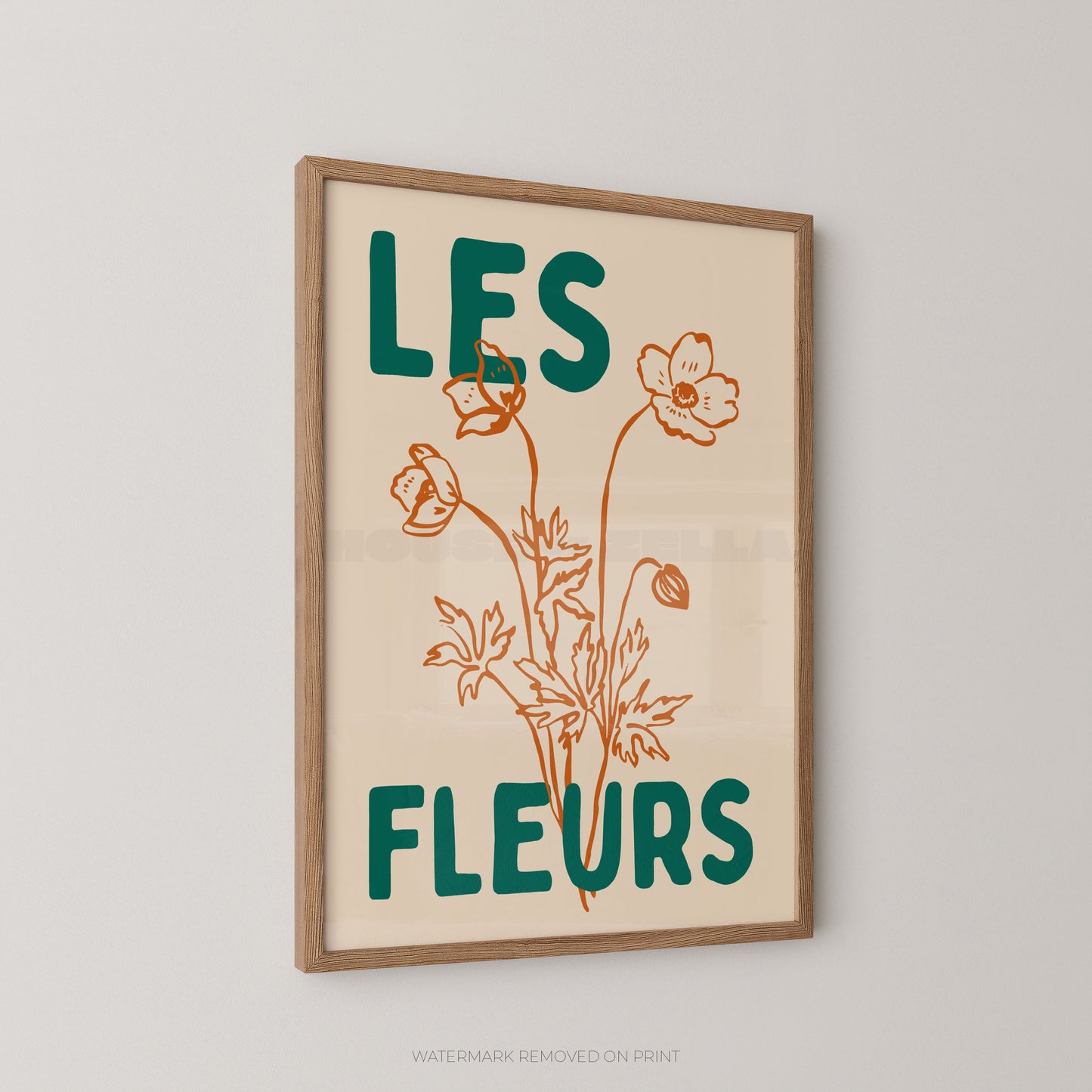 Les Fleurs botanical wall art print, cream floral poster with orange botanical illustration and bold green typography.