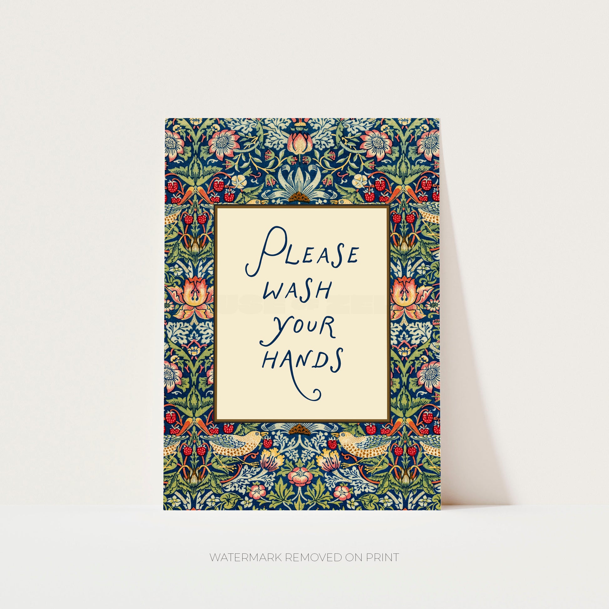 Decorative sign with floral border and 'Please wash your hands' text on a white background