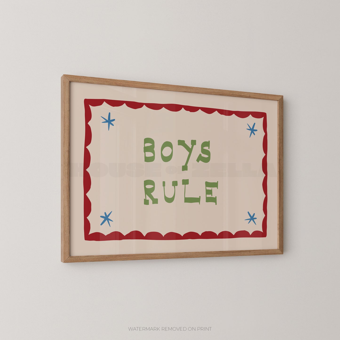 Framed print with 'Boys Rule' text on a beige background