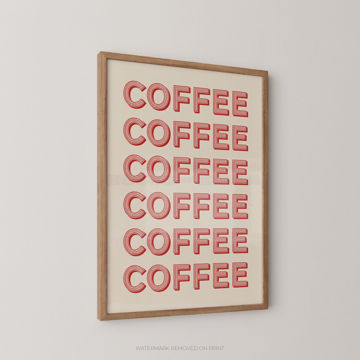 Framed wall art featuring the word 'COFFEE' repeated six times in red outlined letters on a cream background, shown hanging on a light gray wall.