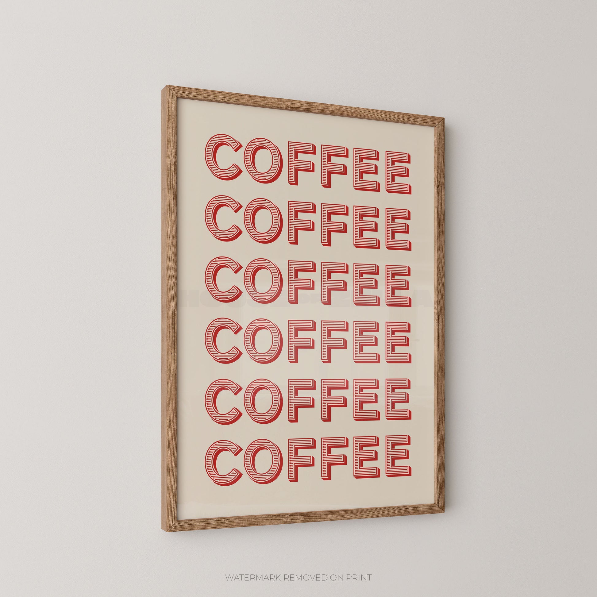 Framed wall art featuring the word 'COFFEE' repeated six times in red outlined letters on a cream background, shown hanging on a light gray wall.