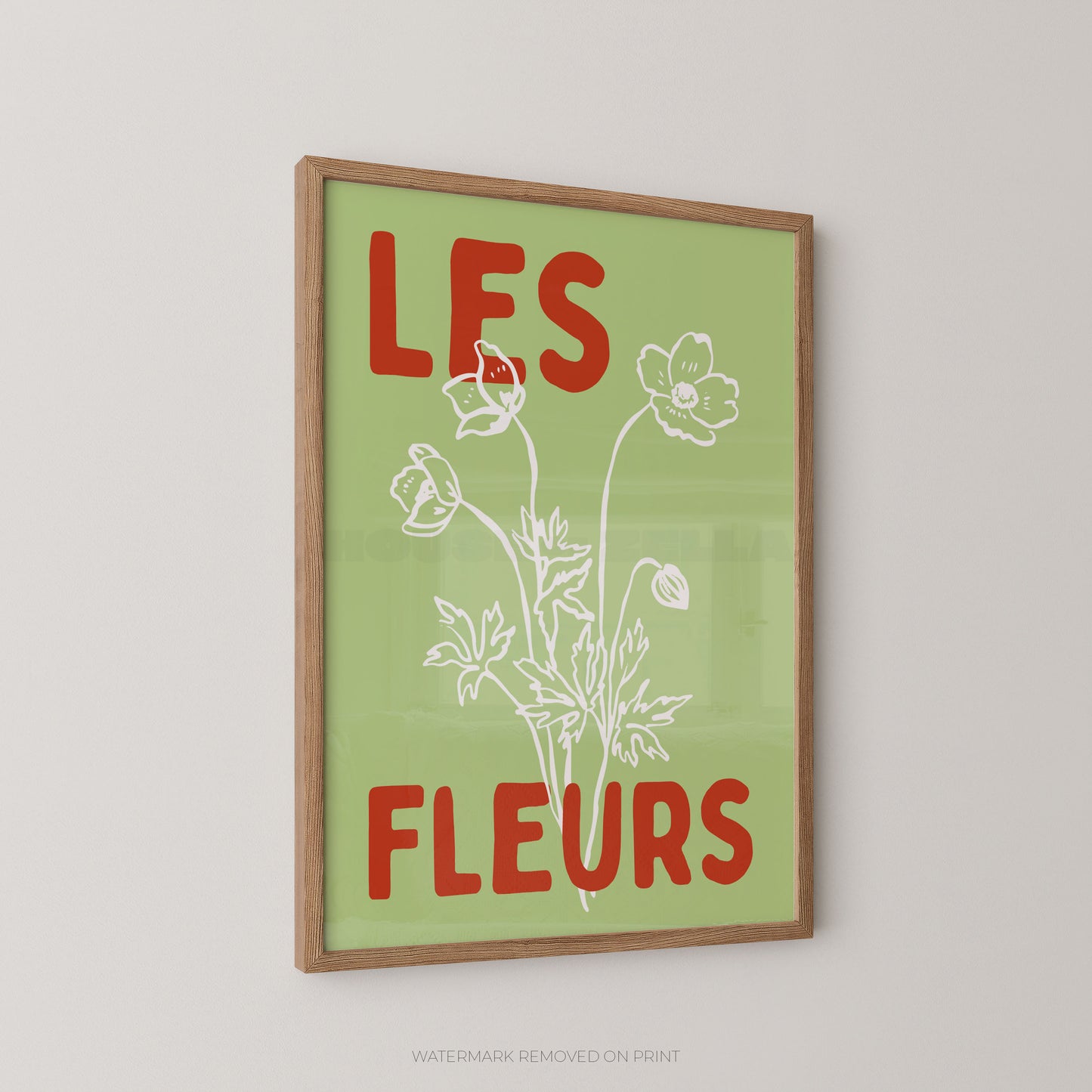 Les Fleurs botanical wall art print, green floral poster with cream botanical illustration and bold red typography.