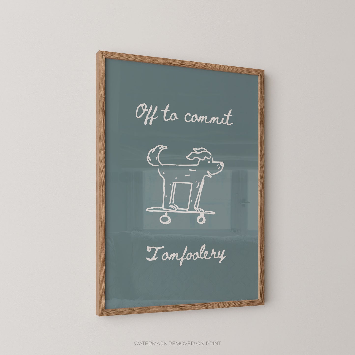Framed artwork with text and a dog illustration on a teal background