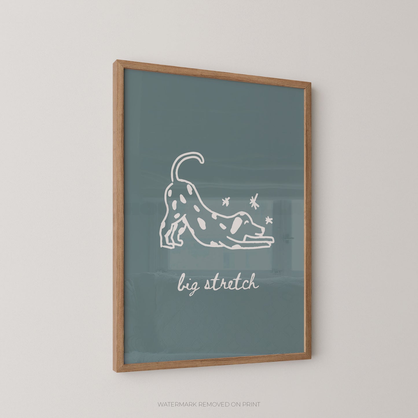 Framed artwork with a white line drawing of a dog stretching and text 'big stretch' on a teal background.