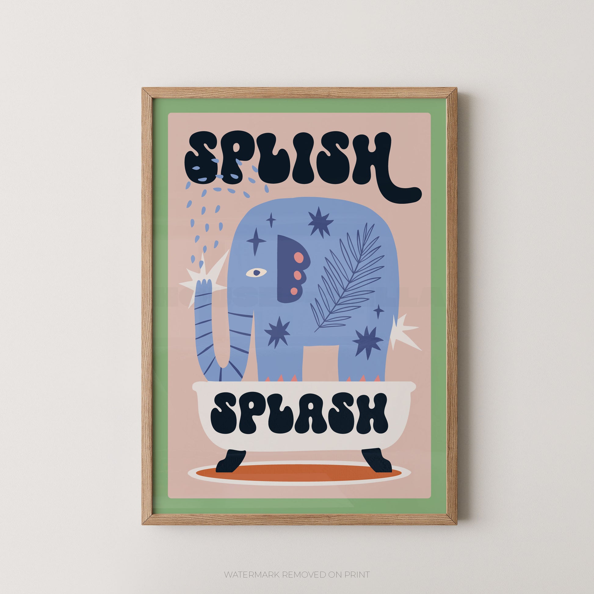 Framed children's poster with an elephant in a bath and 'Splish Splash' text on a beige background.