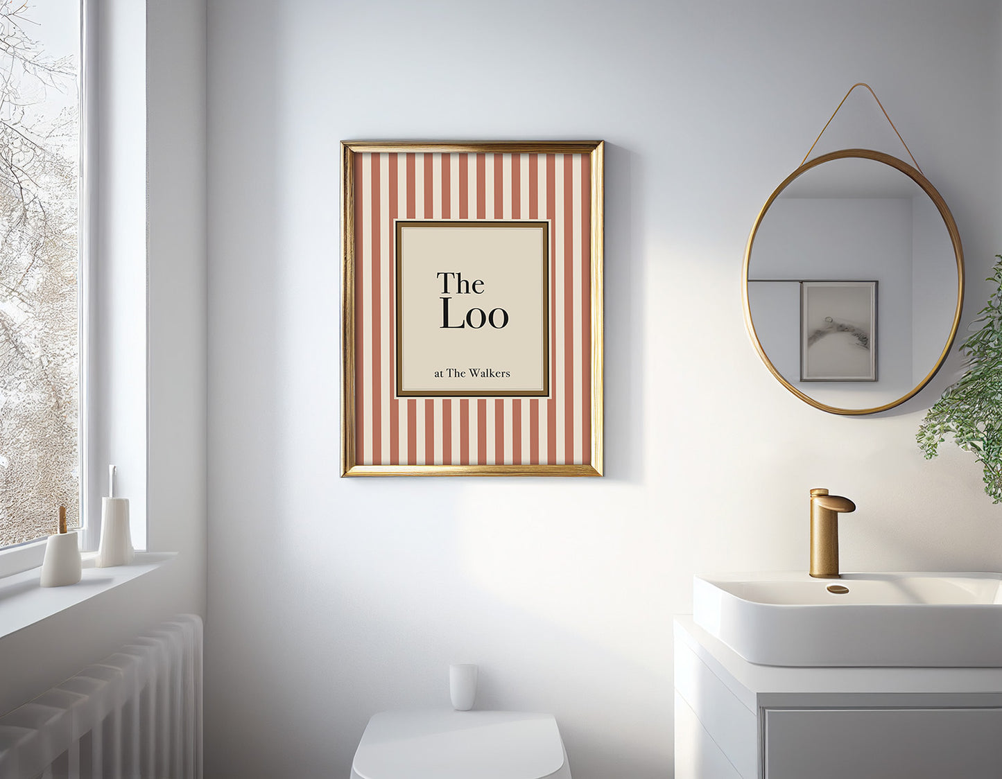 Bathroom interior with a framed picture and round mirror.