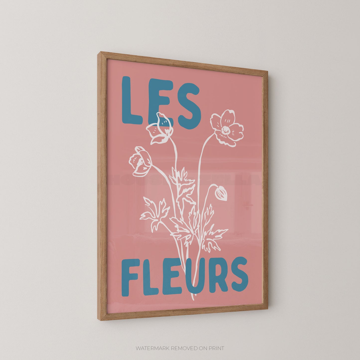 Les Fleurs botanical wall art print, blush pink floral poster with cream botanical illustration and bold blue typography.