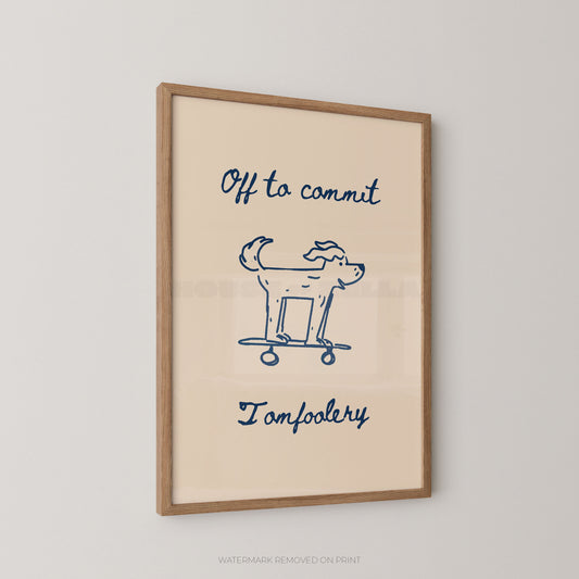 Framed artwork with a dog illustration and text on a beige background