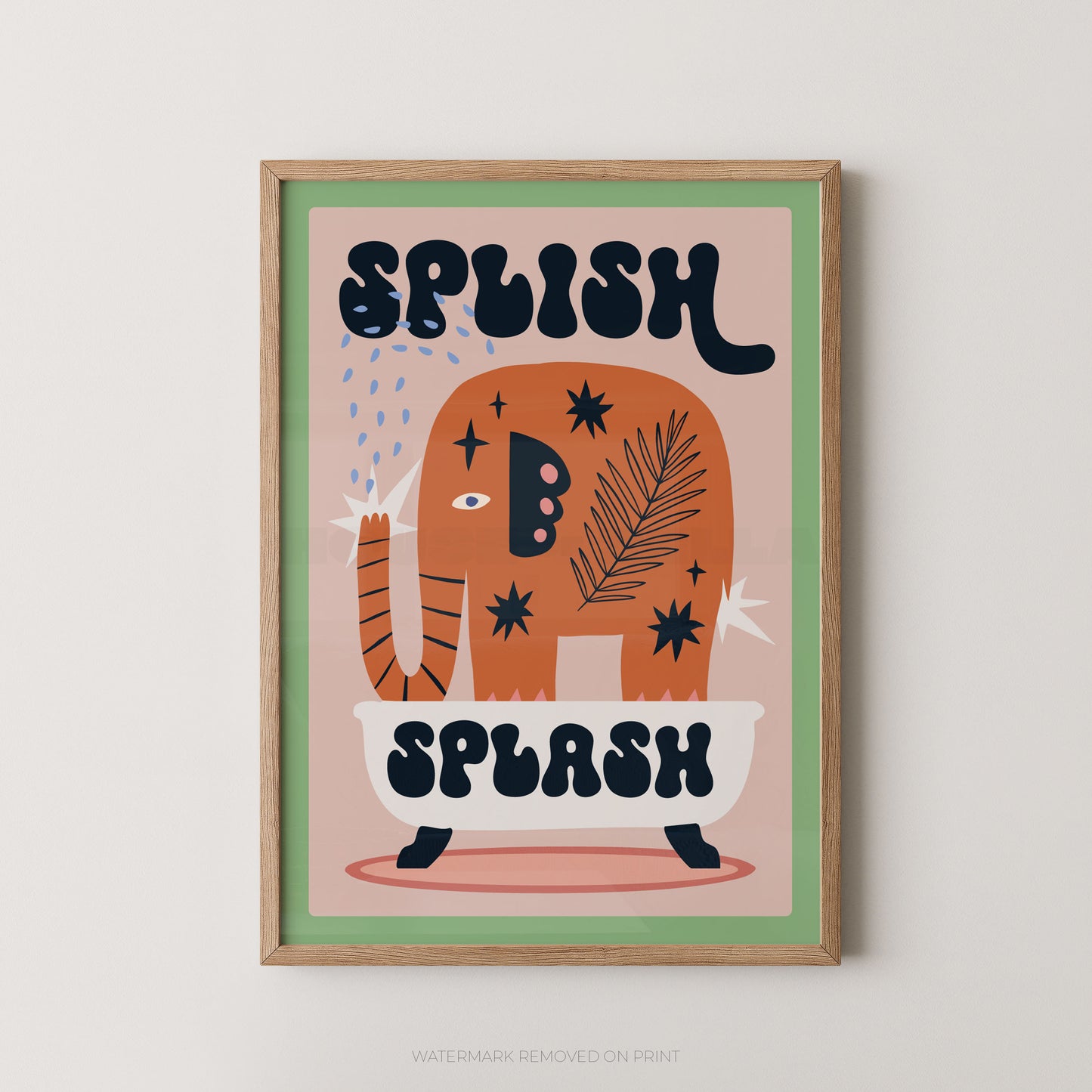 Framed children's poster with an elephant in a bathtub and 'Splish Splash' text on a beige background.