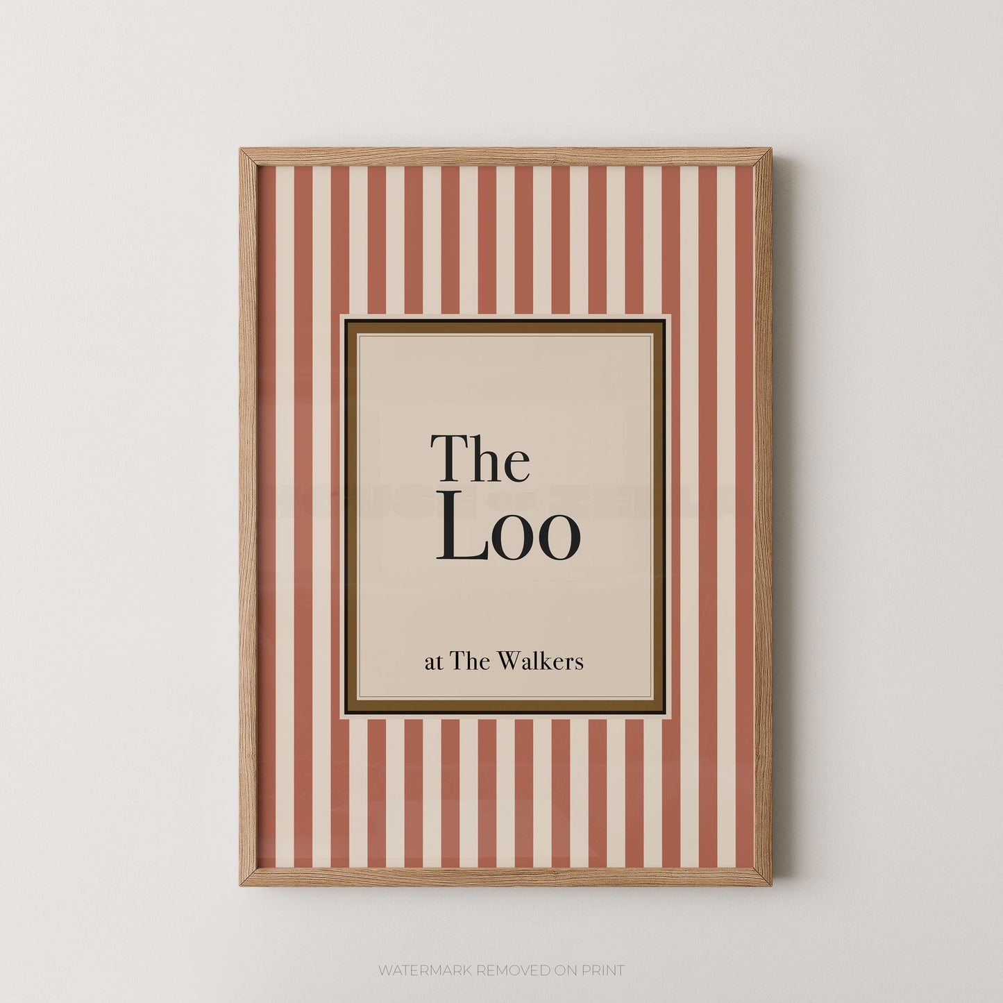 Framed print with red and white striped border and 'The Loo at The Walkers' text on a light background
