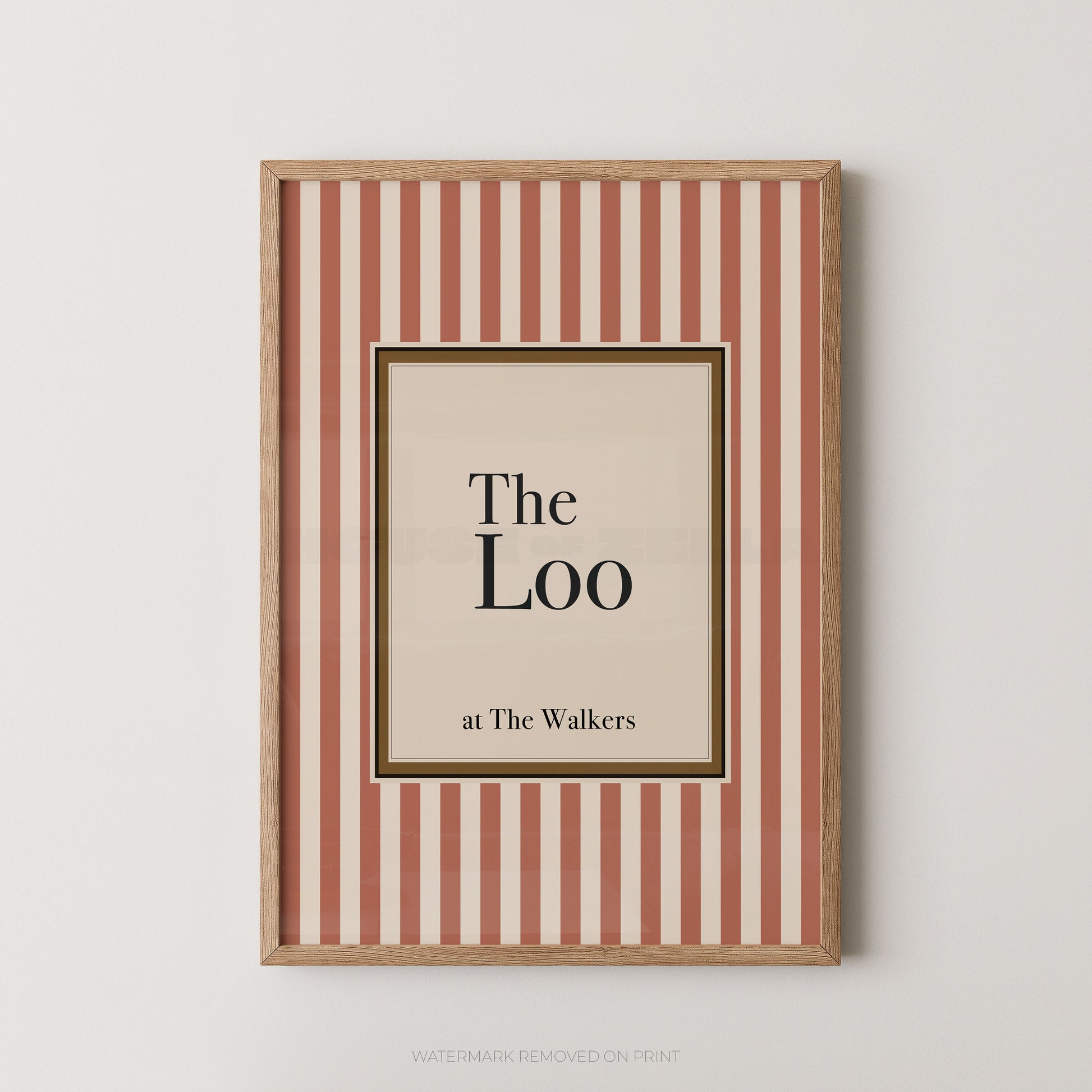 Framed print with red and white striped border and 'The Loo at The Walkers' text on a light background