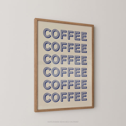 Framed wall art featuring the word 'COFFEE' repeated six times in blue outlined letters on a cream background, enclosed in a light natural wood frame and shown hanging on a light gray wall.