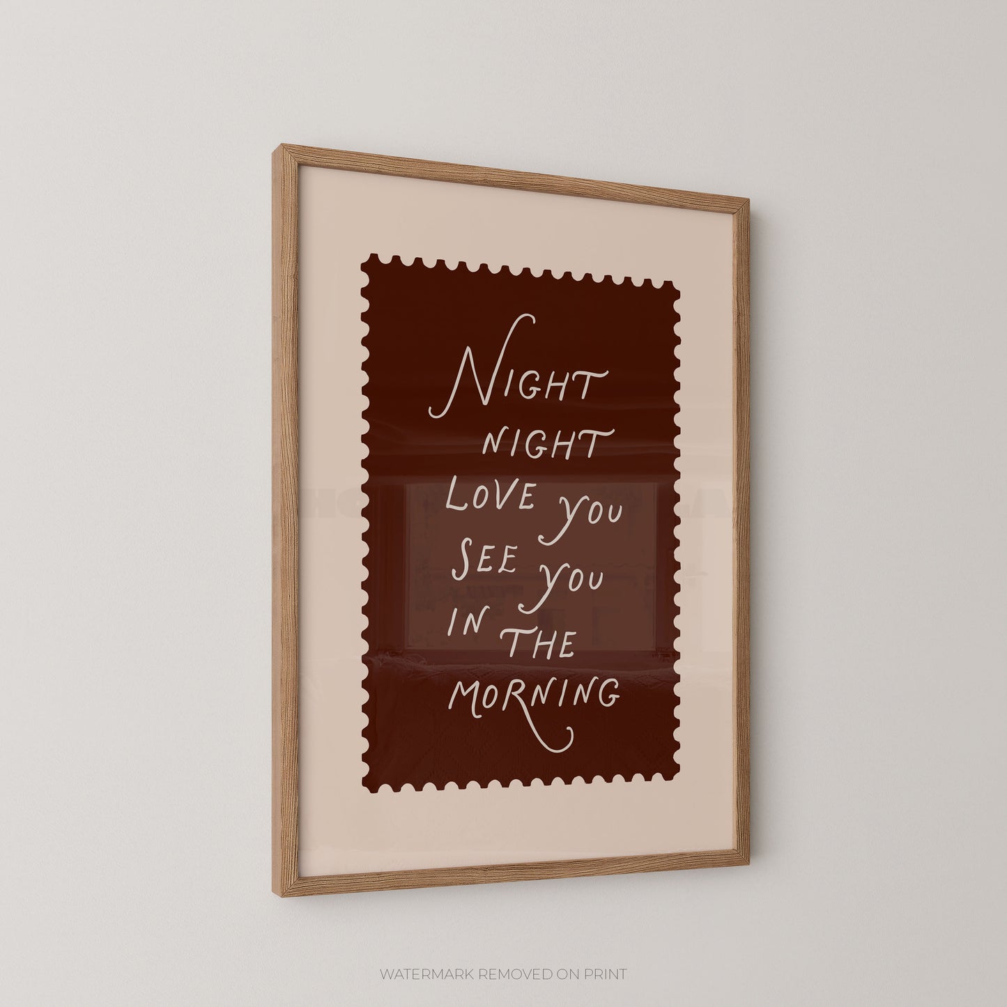 Framed artwork with text 'Night night love you see you in the morning' on a plain background