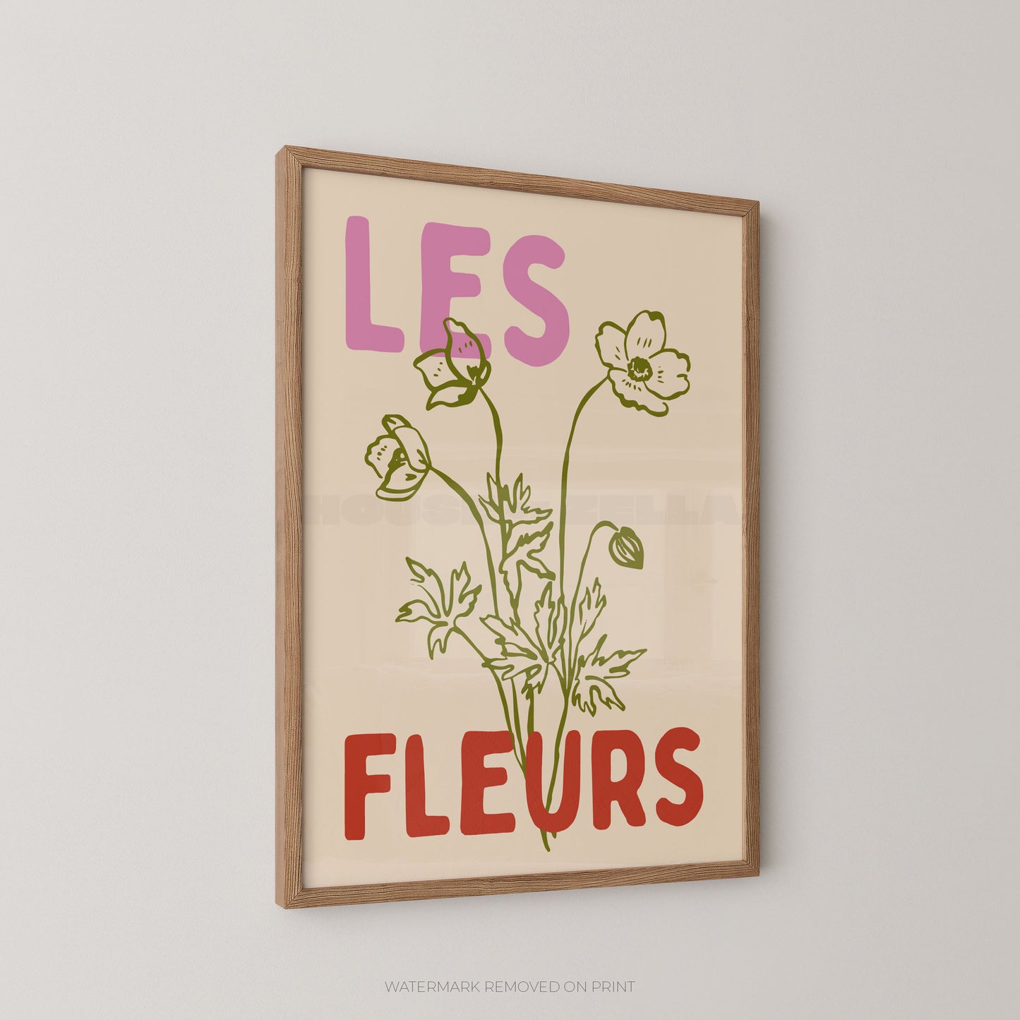 Les Fleurs botanical wall art print, cream floral poster with green botanical illustration and bold pink and red typography.