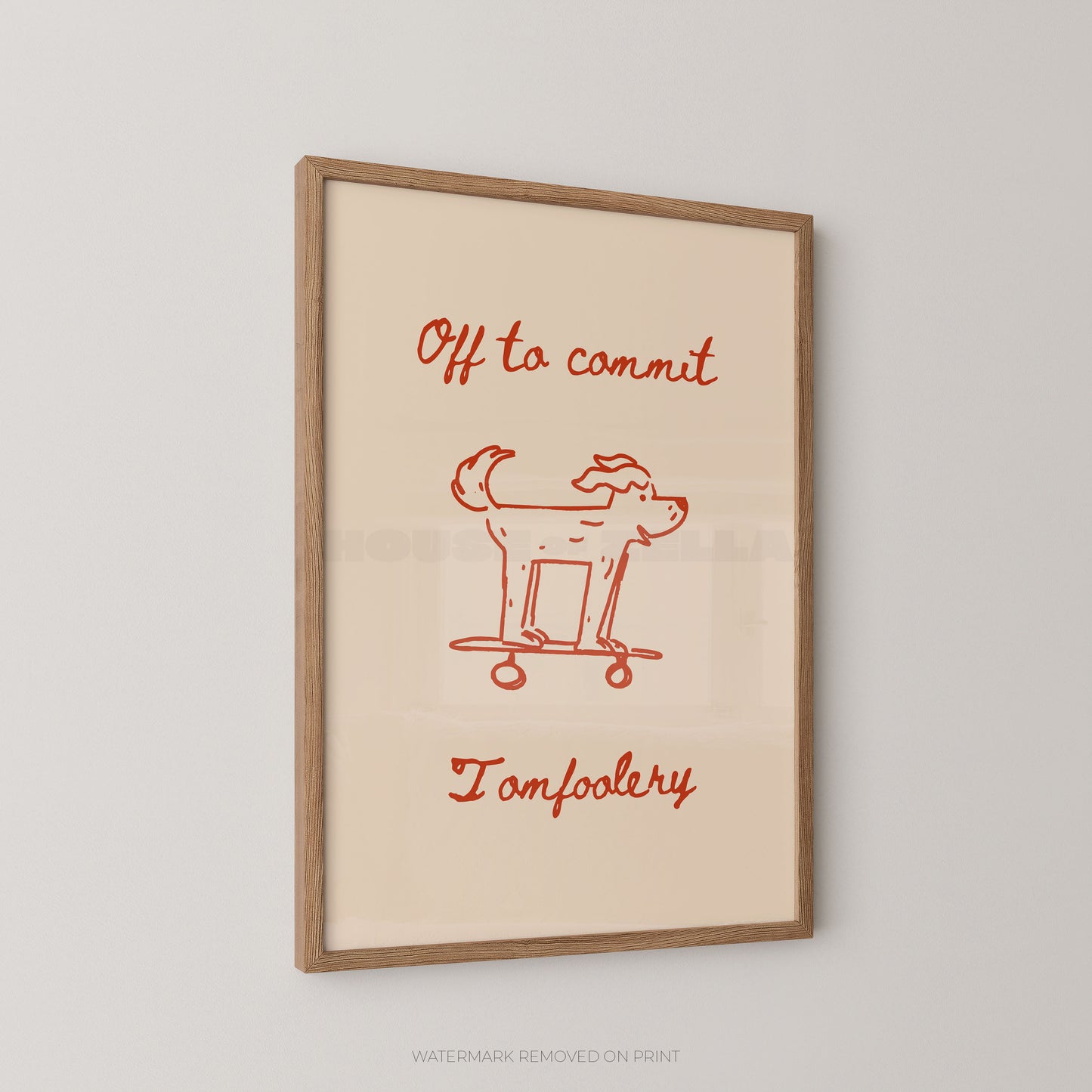 Framed artwork with red text and dog illustration on beige background